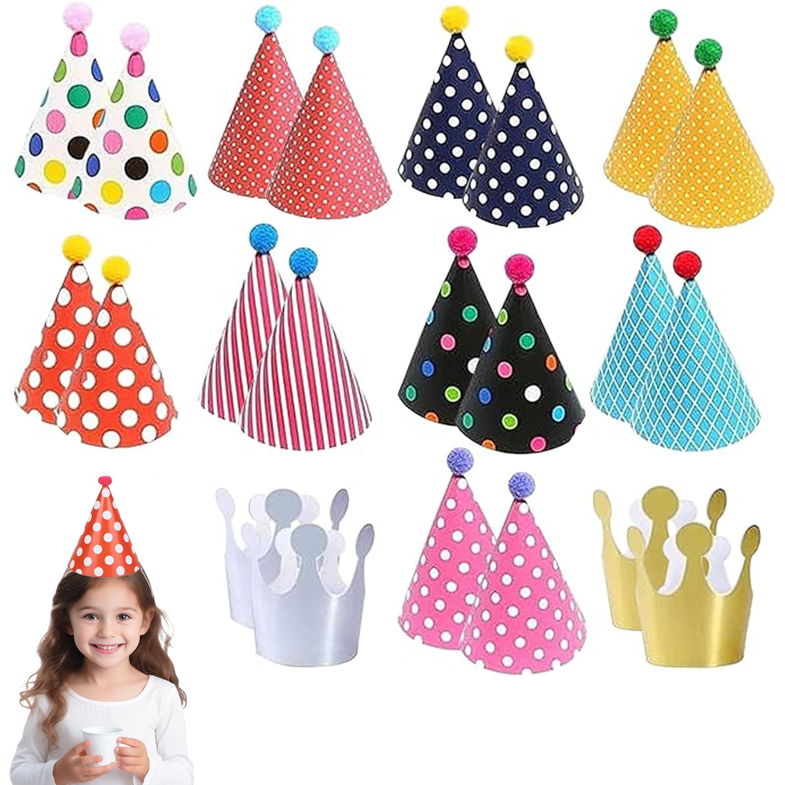 Bettinay 22PCS Birthday Hats with Pom Poms, Cone Mini Party Hat Lovely Crown for Adults Kids Toy Animals