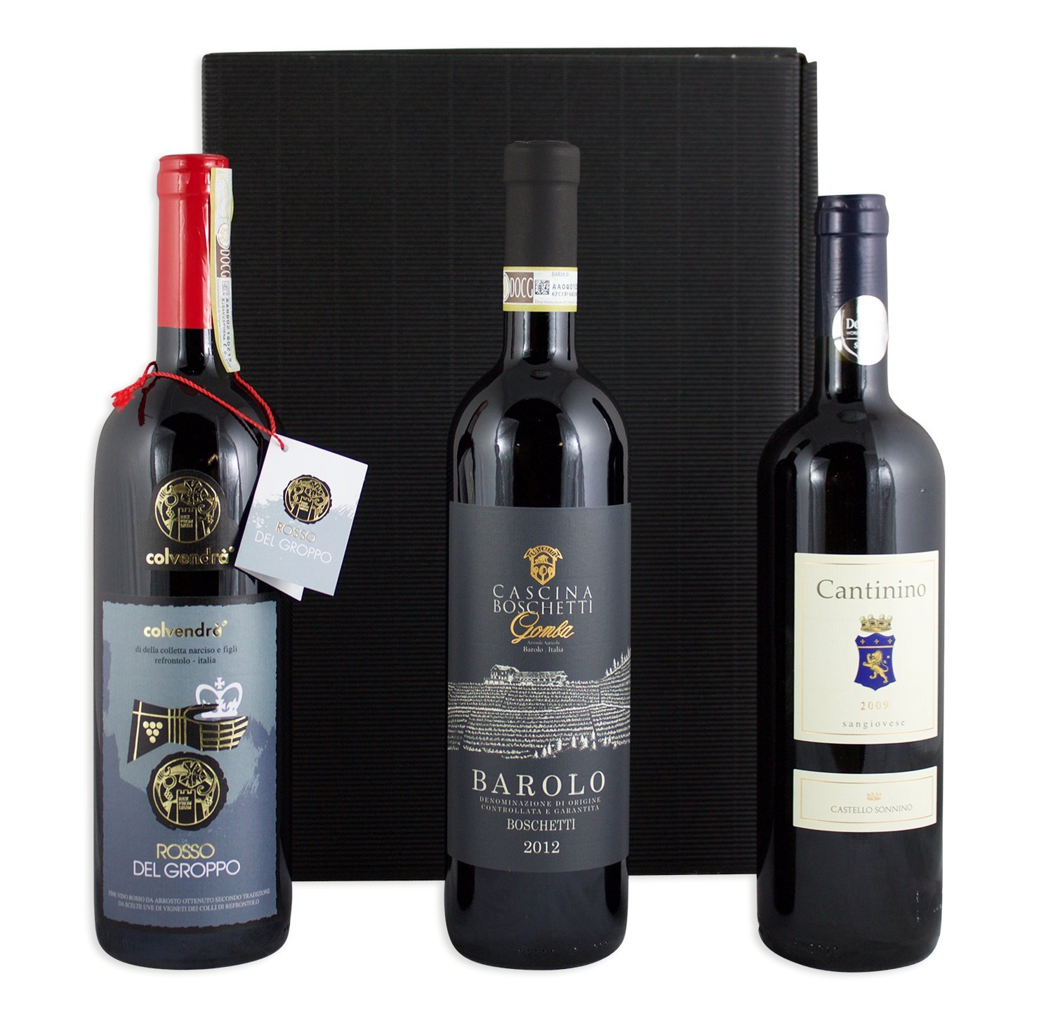 Wein Geschenkset mit 3 italienischen Premium Rotweinen Barolo DOCG 2017, Rosso del Groppo DOCG 2016, Cantinino Toscana Sangiovese 2018