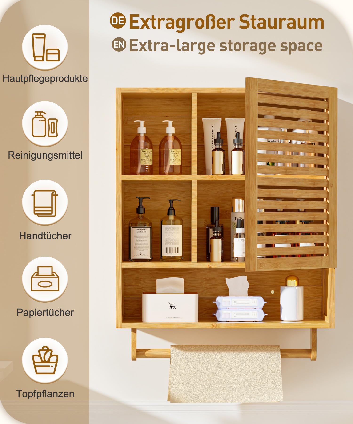Yorbay Meuble Haut Salle de Bain, Meuble Mural en Bambou avec Porte-Serviettes et Compartiment Ouvert, Armoire Pharmacie à Une Porte pour Salle de Bain et Cuisine, 20 x 56 x 70 cm (Couleur Bambou)