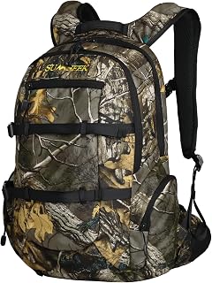 Hunting Backpack with Integrated Rifle and Bow Carrier, Brushed Tricot Daypack for Turkey and Deer Hunting, 30L Camo Pack with Drop-Down Buttstock Holder, Padded Waist Belt and Rain cover