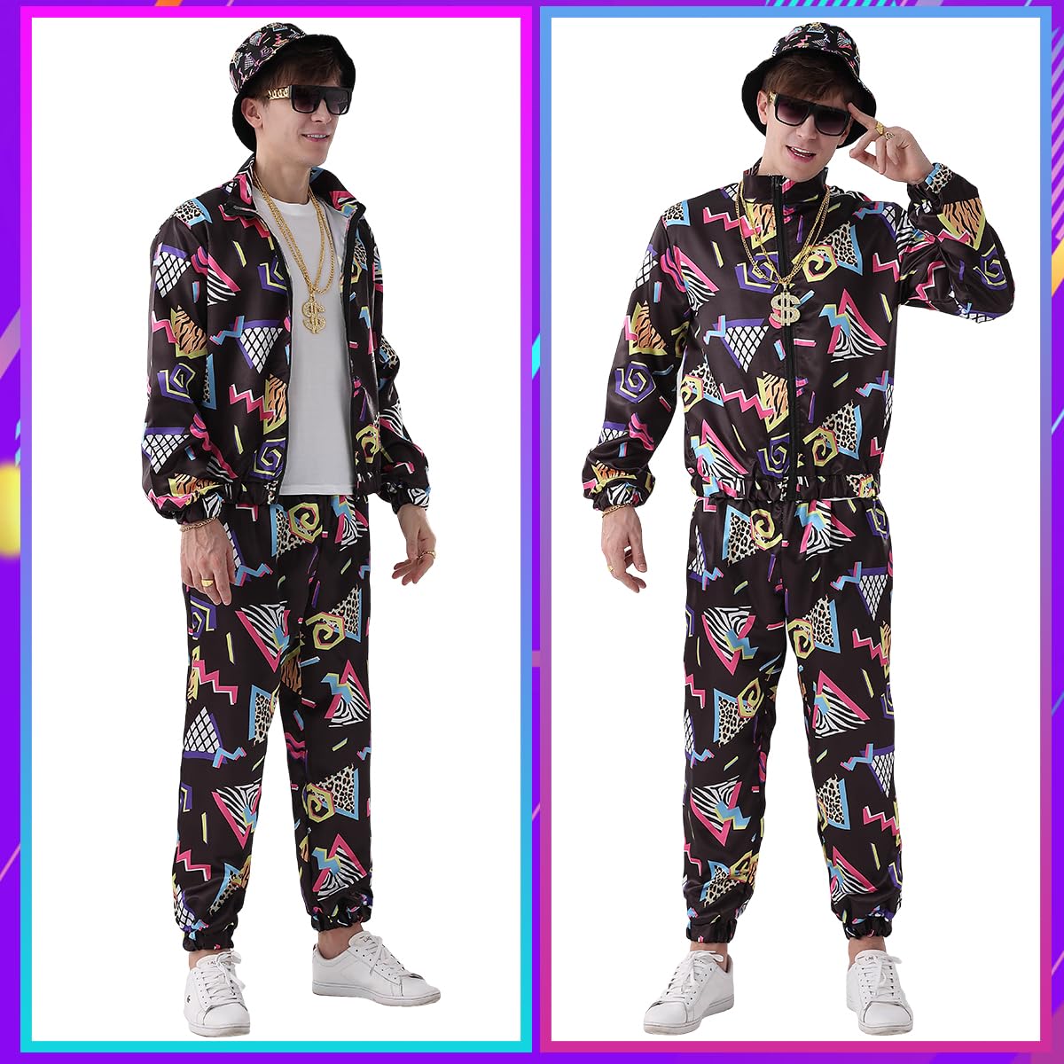Tuta da uomo anni '80 anni '90, costume da jogging, set di pantaloni gonfiabili, ghettoblast, marsupio da sole, cappello, collana, anello, hip hop, abbigliamento sportivo, carnevale, festa a tema,