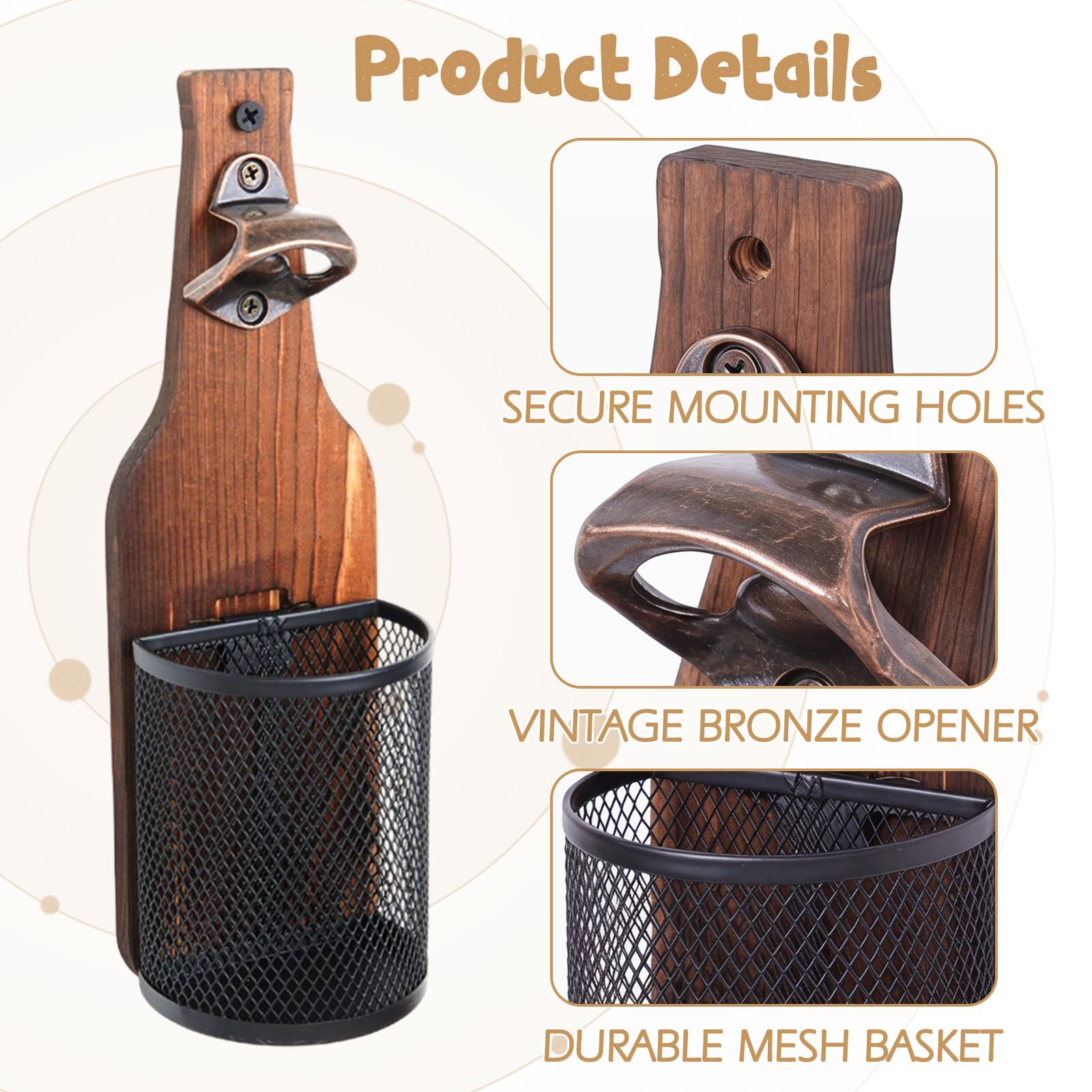 Abridor de botellas de madera vintage montado en la pared con colector de tapas