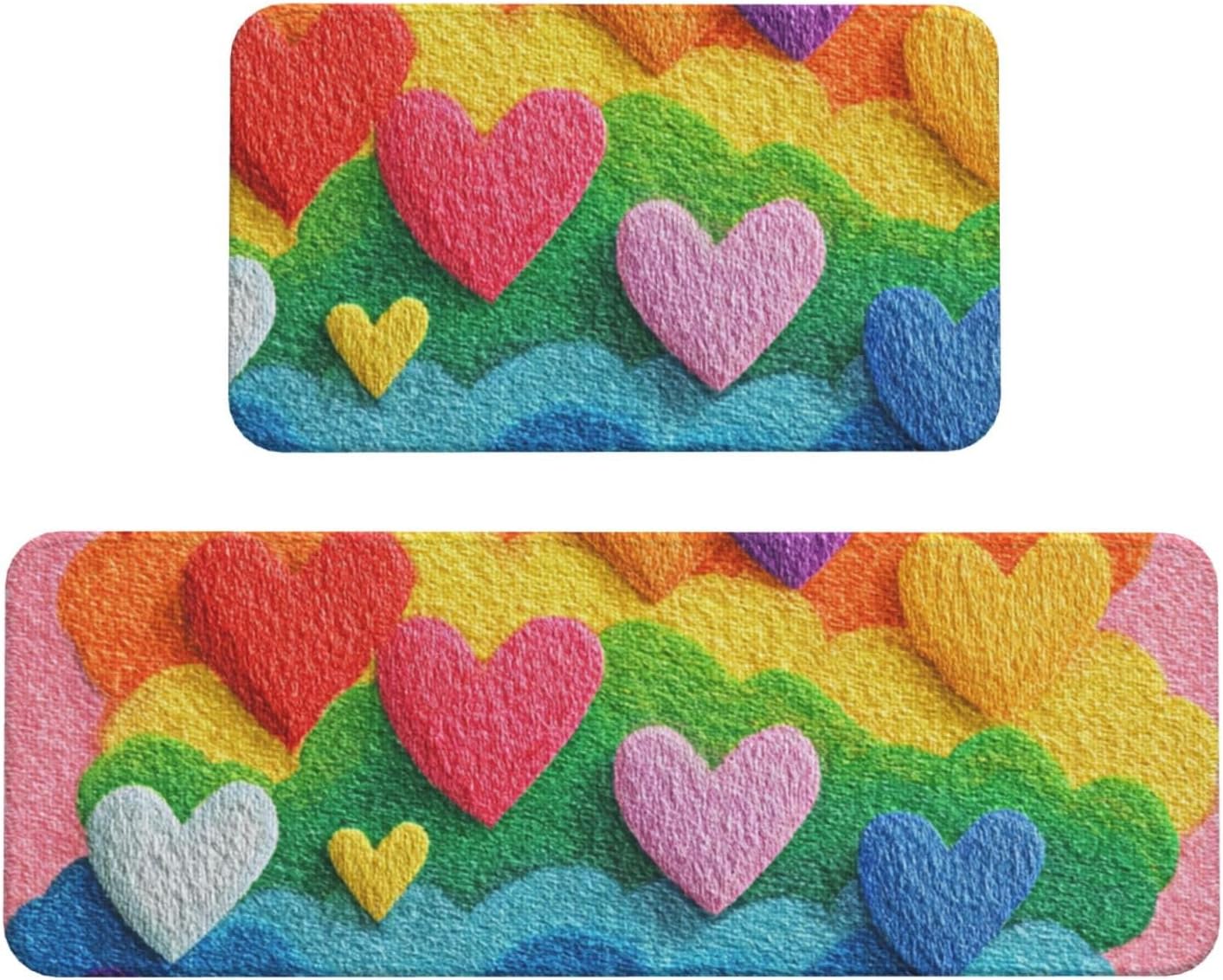 Kitchen Mats for Floor 2 PCS Waterproof Kitchen Rugs Low Profile Floor Mats Rainbow Hearts Kitchen Mat Washable Cushioned Anti Fatigue Carpet Standing Mat for Sink Office Home