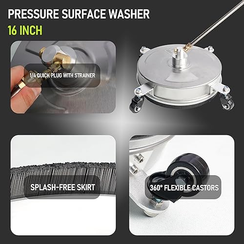 Miniatura 6 de Hourleey Limpiador de superficies de hidrolavadora de 16 pulgadas, limpiador de superficies de acero inoxidable con 4 ruedas para hormigón, patio,