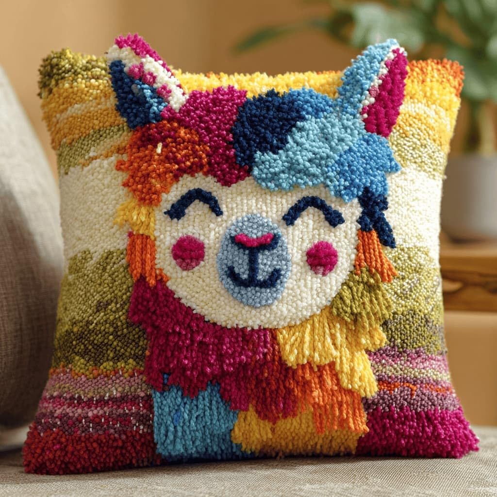 AxiangziK Latch Hook Pillow Kit for Adults,Alpaca 17X17In Latch Hook Kit for Pillow Cover with Instruction for Beginner Cross Stitch Sofa Cushion Cover with Crochet Yarn for Beginners and Home Decor