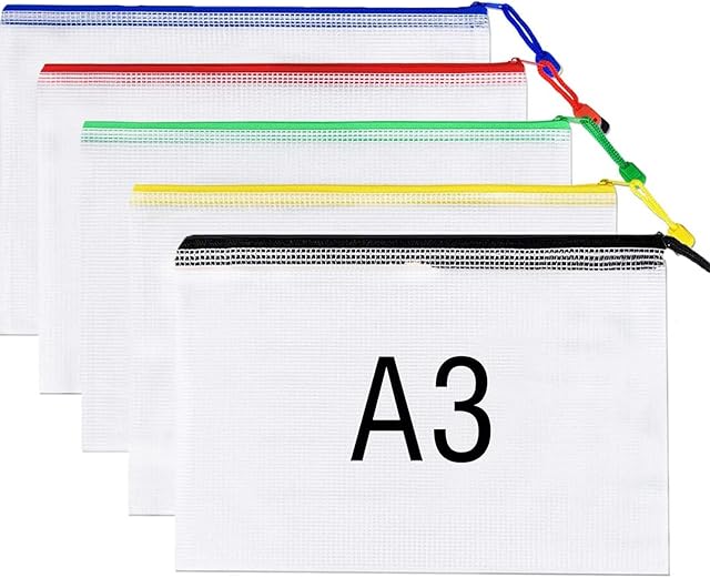 A3 Plastic Wallets -5 Pack Plastic Mesh Zip File Document Folders,A3 Folders Plastic Document Bags Zipper Bag Zip Wallet