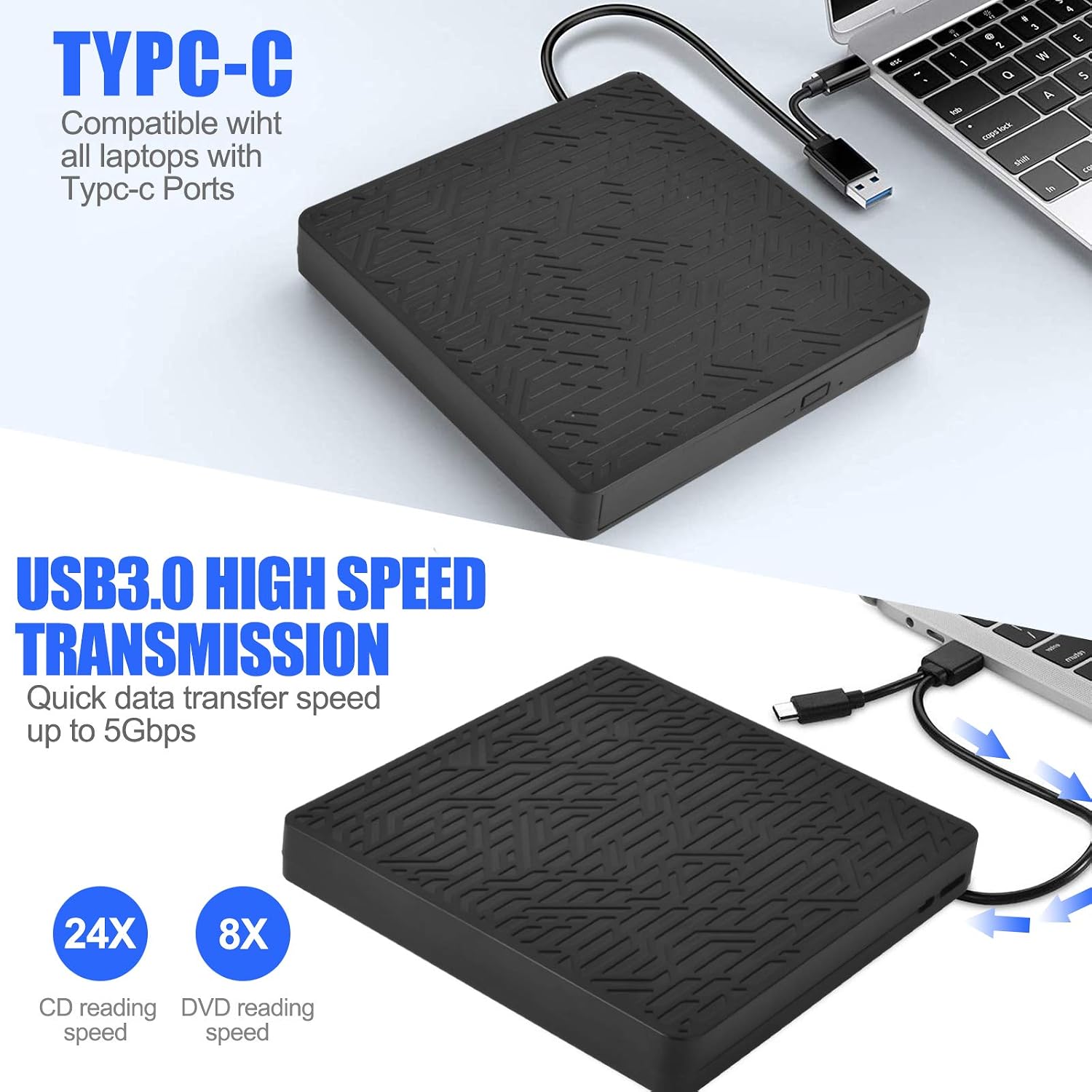 External DVD Drive, USB3.0/Type-C DVD CD ROM +/-RW Player for Laptop, Optical Disk Burner with 2 USB3.0 Port, SD/TF Port, Micro USB Type C Cord for PC Desktop Mac Book Windows 10/8/7 Linux OS
