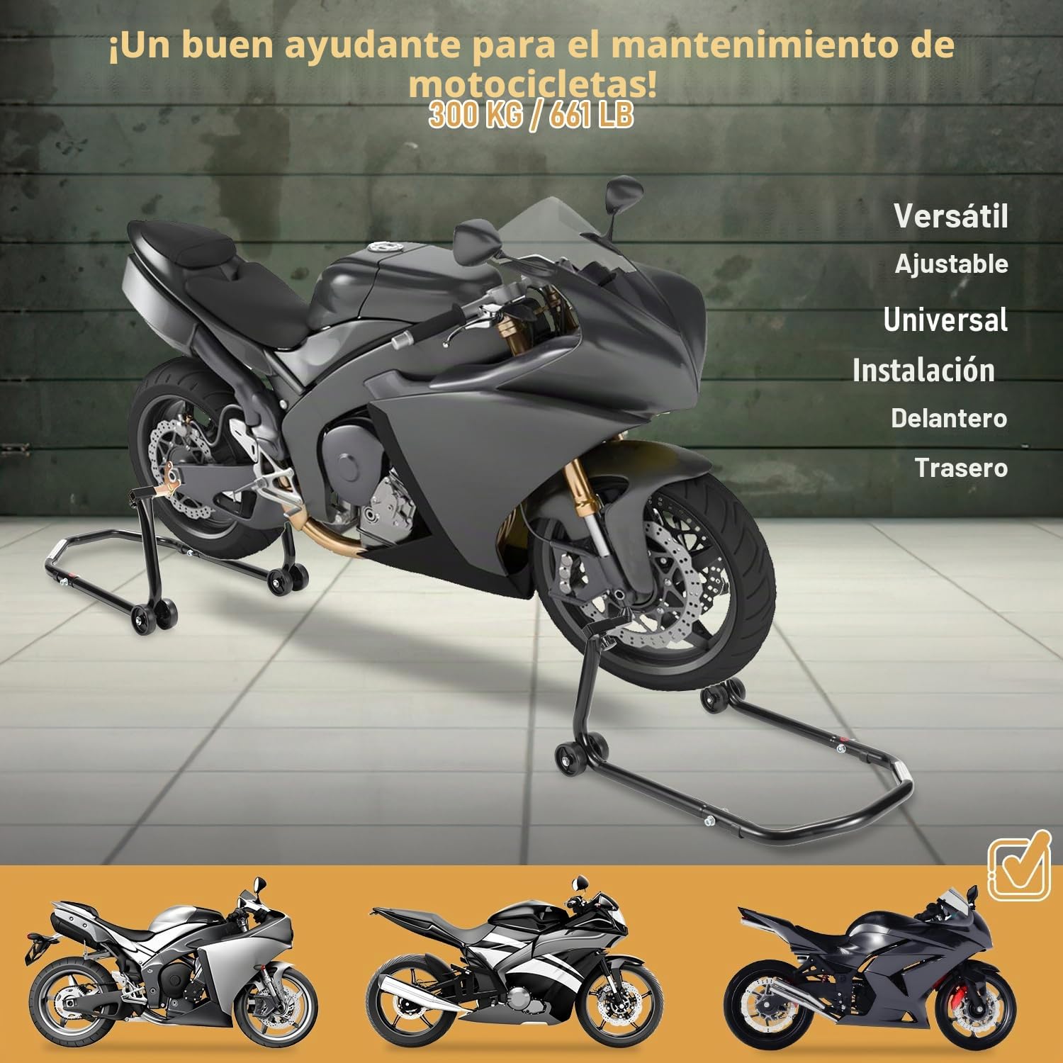 Soporte para motocicleta, elevador de motocicleta, soporte trasero con ruedas dobles, ancho ajustable, trabajos de montaje para motocicletas de hasta 300 kg, estabilidad (negro)