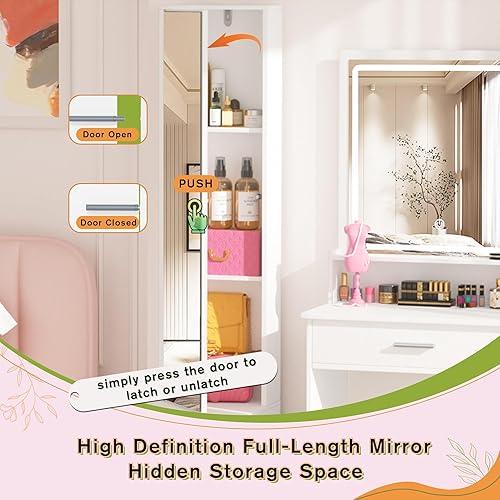 Miniatura 23 de Greenvelly Escritorio de maquillaje blanco con espejo, maquillaje de madera con 3 modos de iluminación, 2 cajones espaciosos y 6 compartimentos de