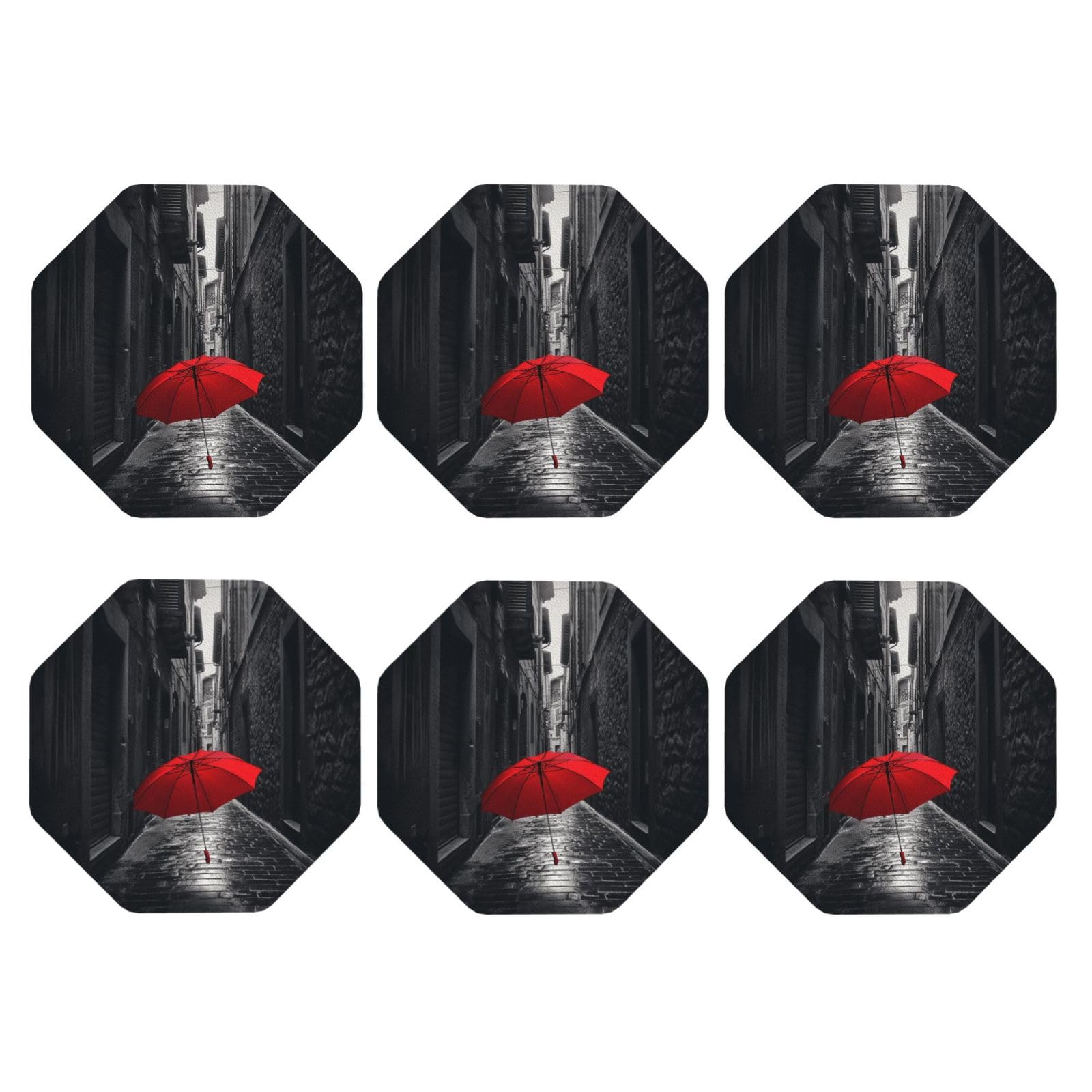 6pcs Leather Coasters for Drinks, Red Umbrella Dark Street Drink Coasters for Tabletop Protection, 4" Cup Coasters for Coffee Table Decor, Non-Slip Drinking Cup Mat for Hot Or Cold Drink