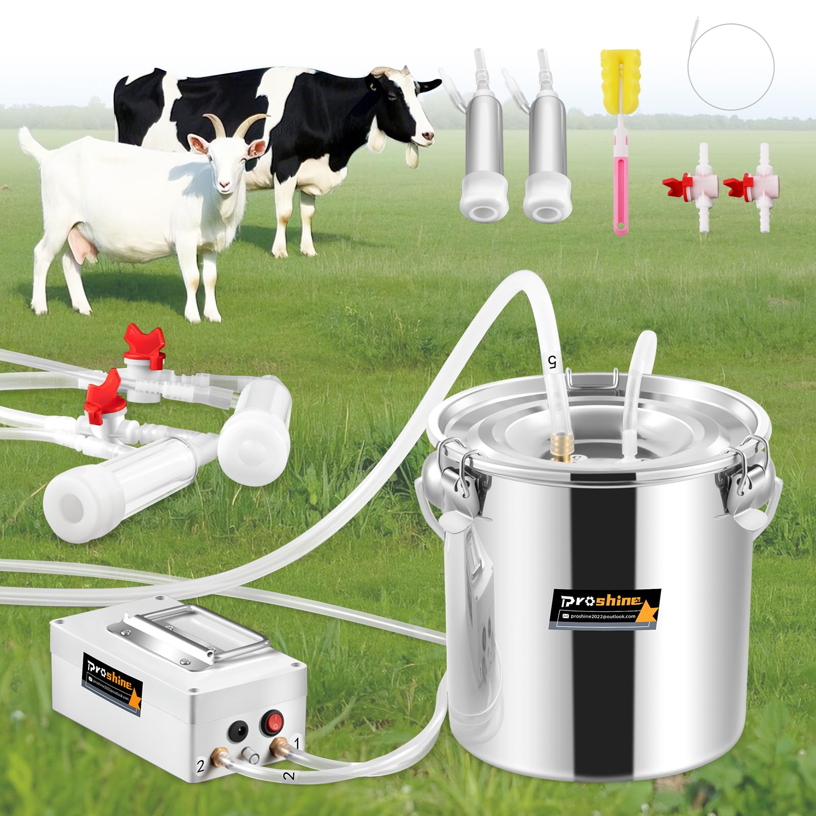 Electric Goat Milking Machine - 3L Stainless Steel Bucket, 2 Teat Cups, Portable For Small Farms