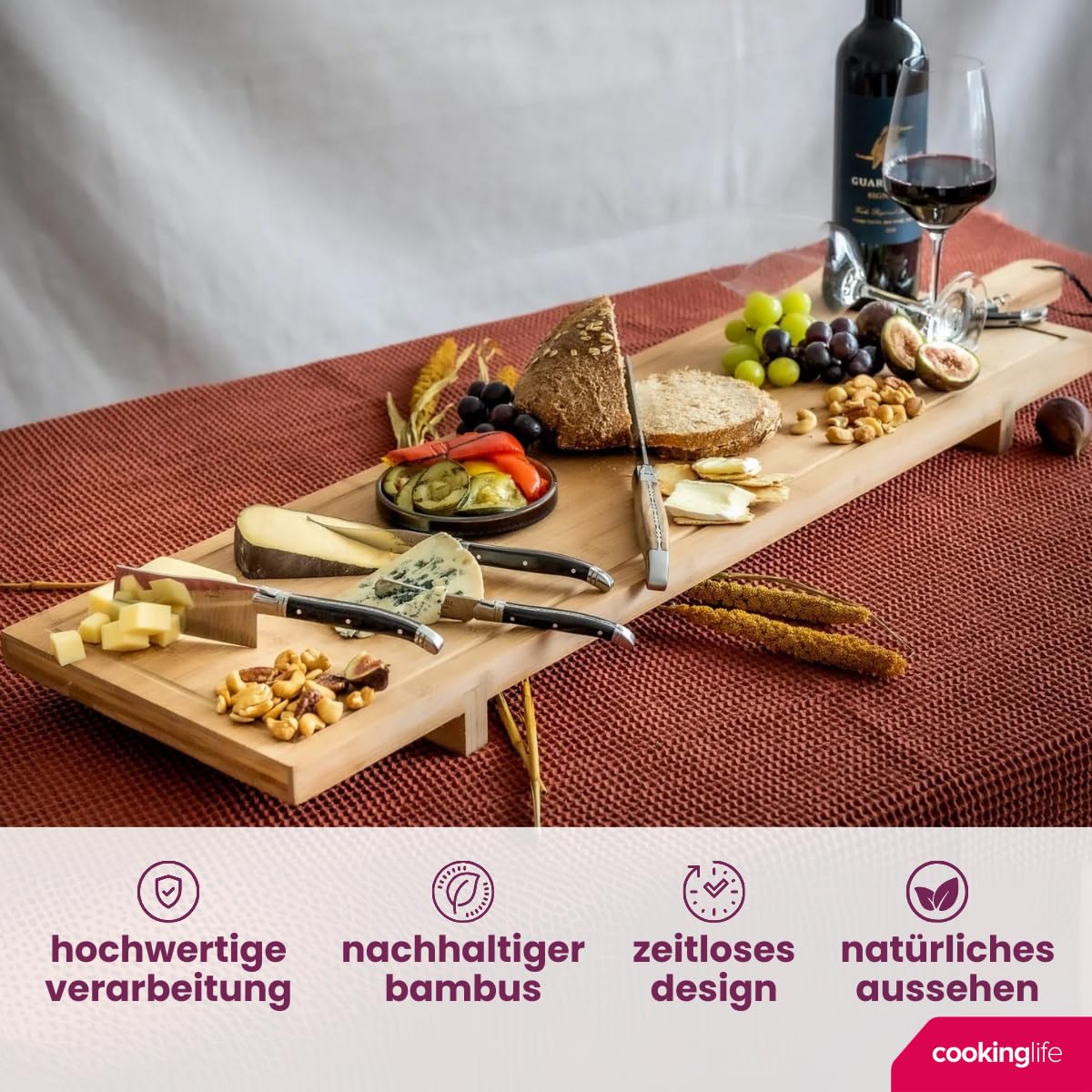 Cookinglife Servierbrett Organic XXL, Bambus, Braun, 100 x 26 cm, Tapasplank für Fingerfood und Snacks