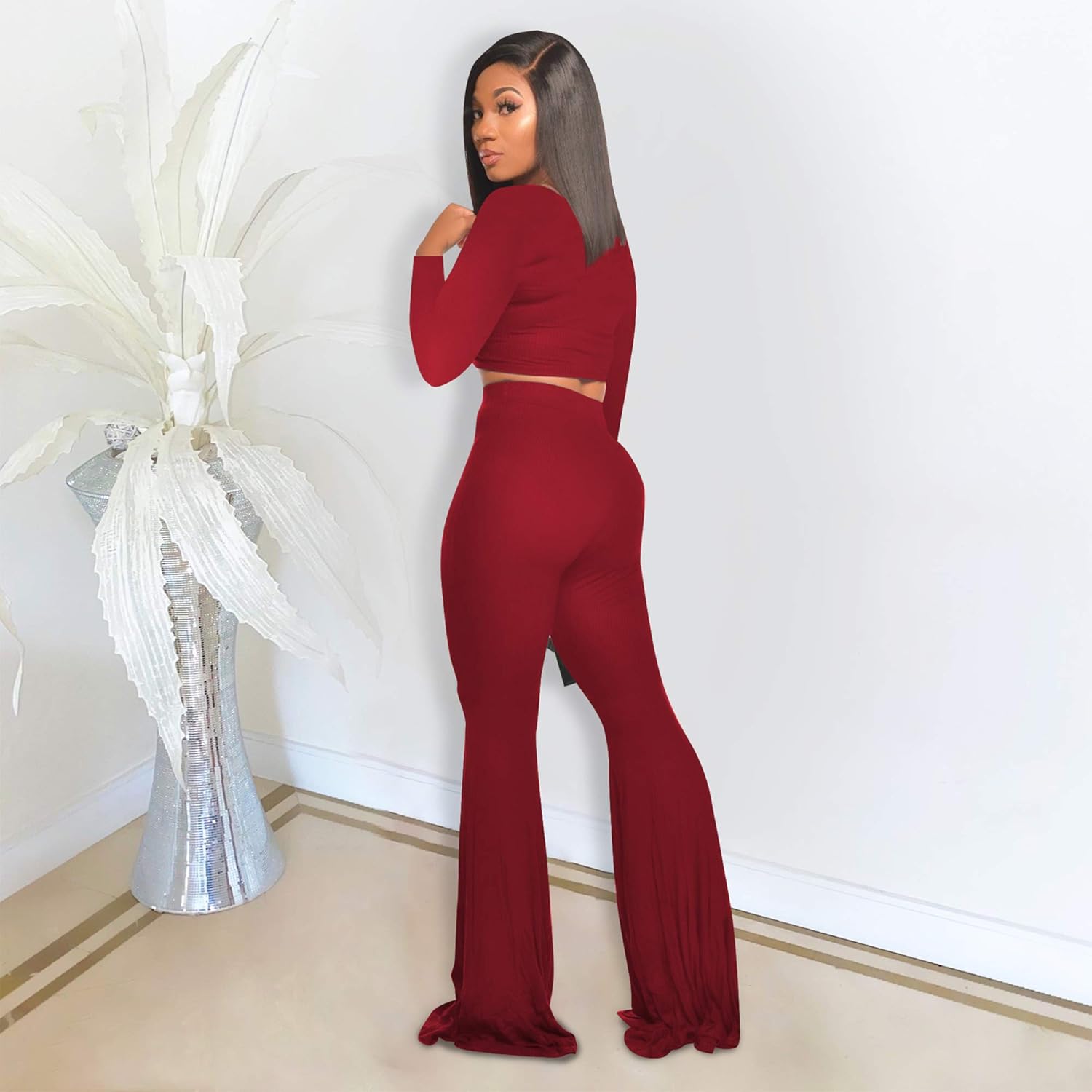 Two Piece Outfits for Women Sexy Crop Top + Flared Long Pants Sweat Suits Ribbed Fitted Tracksuits Yoga Set - Image 2