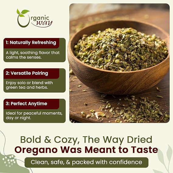 Organic Way Dried Oregano Leaf Cut & Sifted - Origin - Albania (2 Ounce) | Origanum vulgare botanical herb, USDA Organic and Kosher Certified; raw, vegan, Non-GMO, and gluten-free.