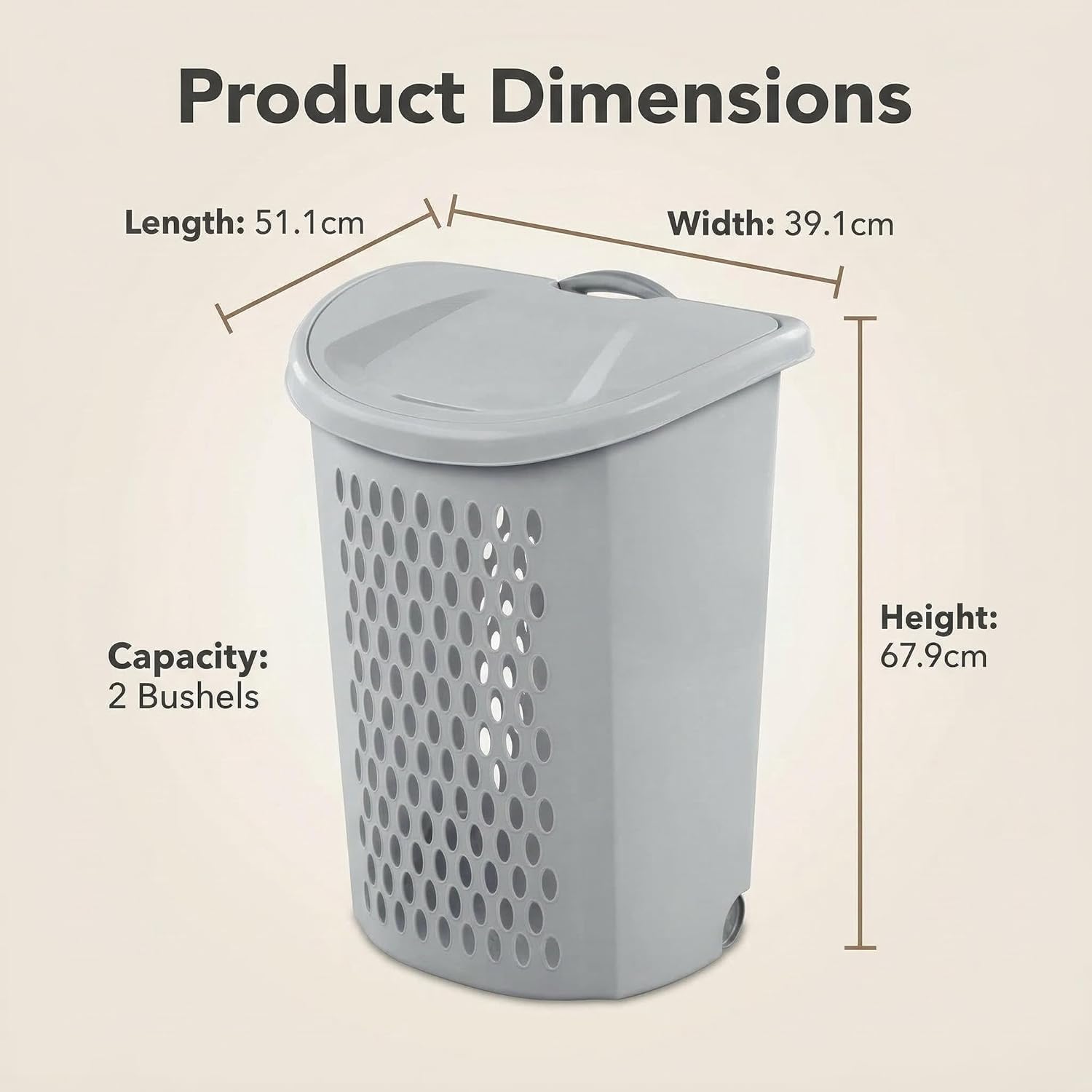 2 Bushel Rolling Laundry Hamper with Lid & Wheels - Light Gray Plastic Laundry Basket, Ventilation Design, Easy Move for Bedroom Bathroom Laundry Room (1 Pack）