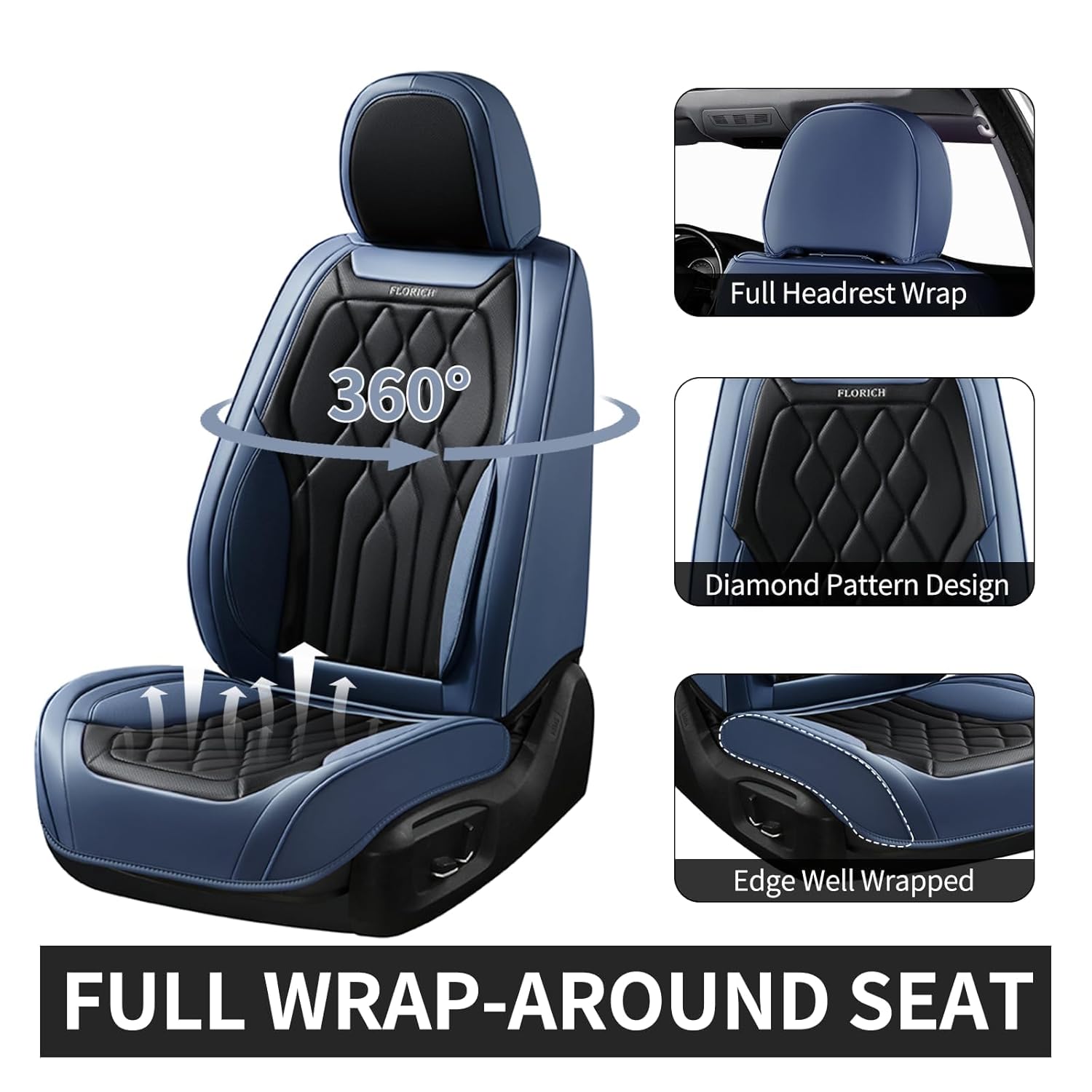 FLORICH Universal Seat Covers for Cars Full Set, Automotive Seat Covers, Waterproof Leather Car Seat Protector Fit for Most Sedans SUV Pick-up Truck- Blue&Black