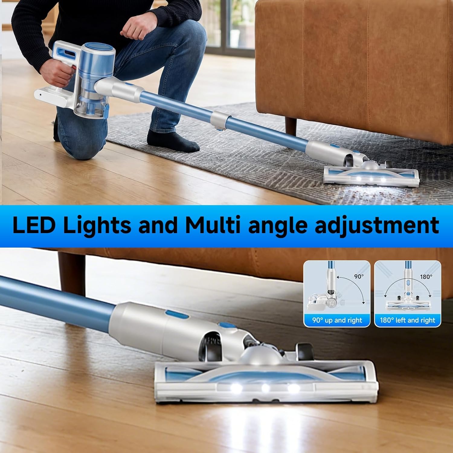 Cordless Vacuum Cleaner for Home - Lightweight, Stick Vacuum Clean with Rechargeable Battery, Max 45Mins Runtime, 8 in 1 Handheld Vacuum for Hardfloor & Carpets Pet Hair, Blue&White