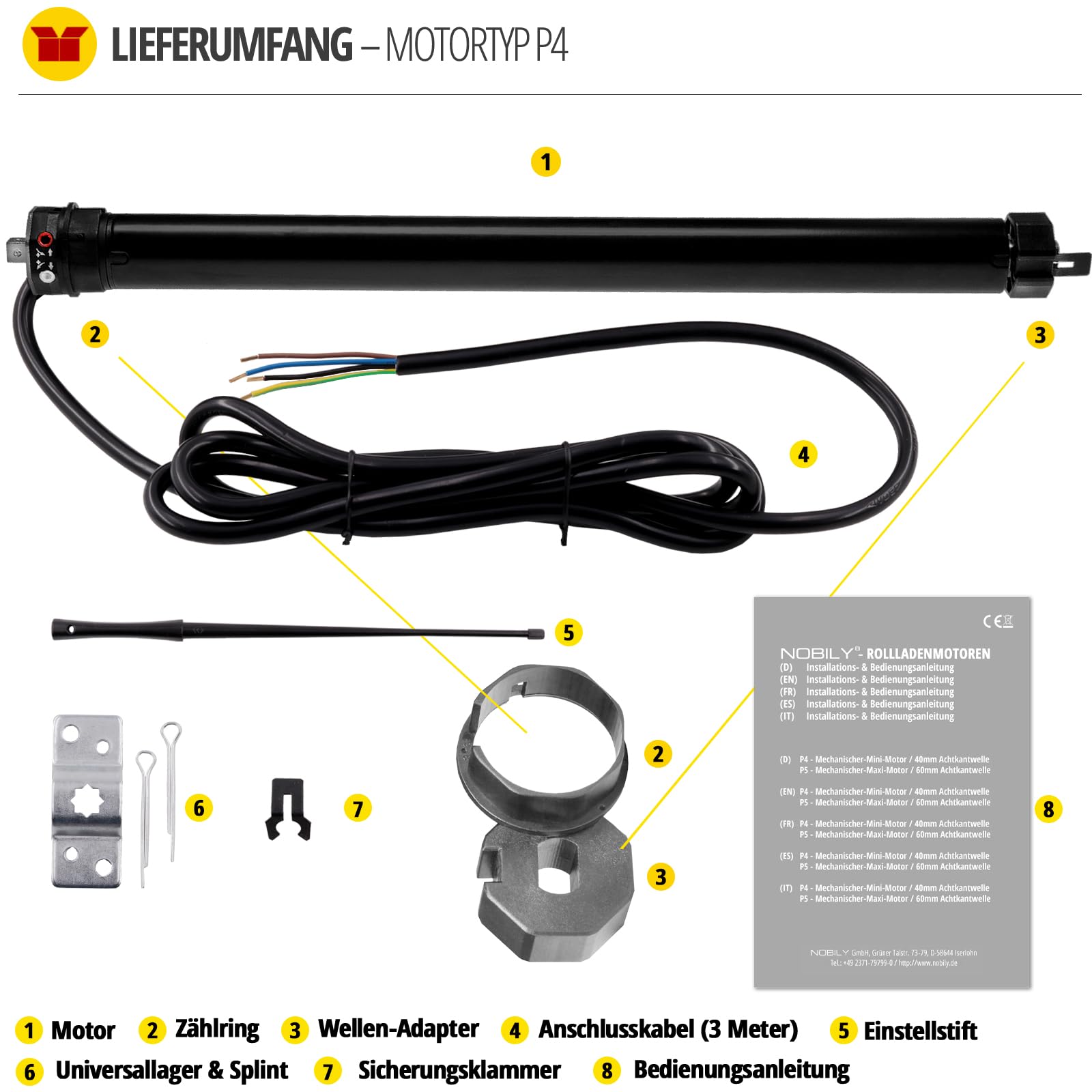 Mini moteur électromécanique pour volets roulants P4 13/14-40 avec fins de course mécaniques (force de traction 13Nm/36kg) pour arbre de 40mm (SW40) Moteur pour volets roulants Moteur tubulaire ...
