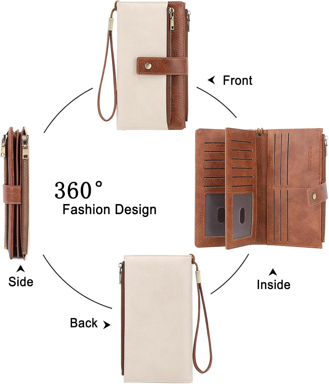 Large Wallets For Women Rfid Blocking Wallet Pu Leather Ladies Wallets Zipper Long Wallet With 24 Card Holders,2 Id Windows And Coin Pocket Wristlet Purses For Women Ladies. Brown&white