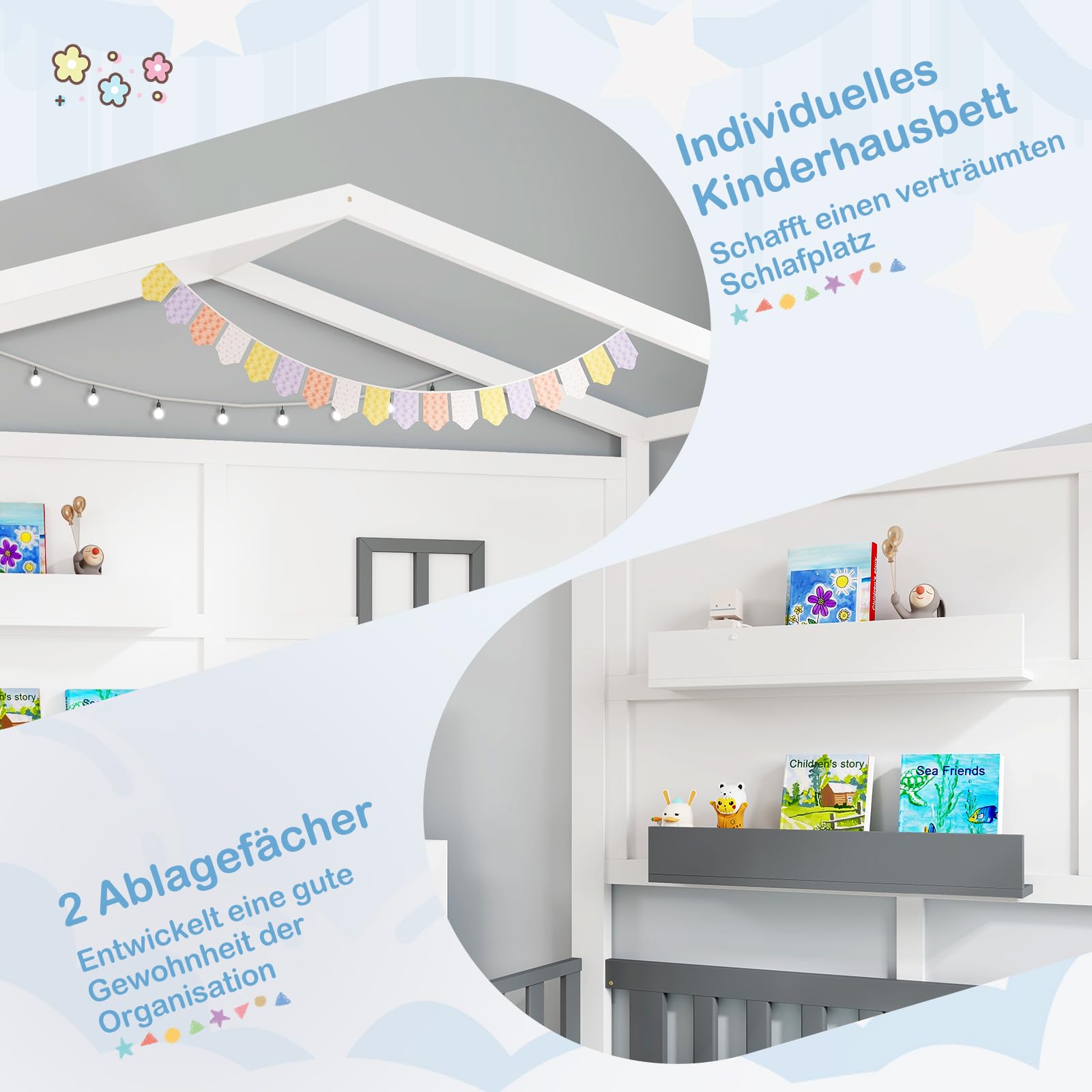 COSTWAY Hausbett 90x200 cm, Kinderbett mit Rausfallschutz und 2 Regalen, Holzbett in Hausform mit Fenster & Lattenrost, Montessori-Bodenbett, Weiß + Grau