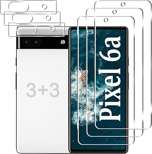 Paquete de 3+3 Diseñado para Google Pixel 6a protector de pantalla + protector de lente de cámara, vidrio templado 9H, desbloqueo de huellas
