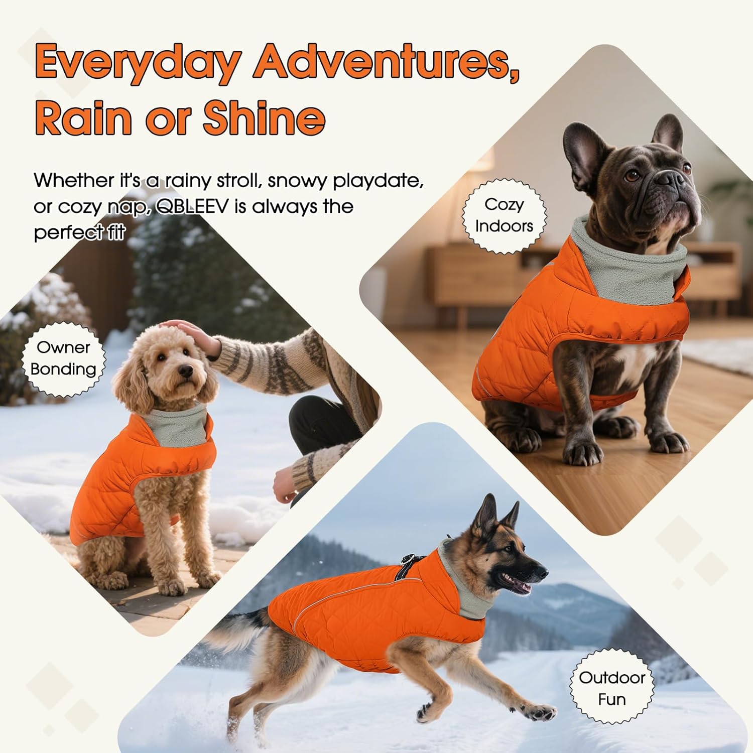 QBLEEV Dog Coat for Large Dogs, Winter Warm Fleece Vest, Waterproof & Windproof with Adjustable Fit, Built-in Harness, Reflective Trim & Zip-Up for Safe Cozy Walks — Orange, XXL, for Labrador, Husky