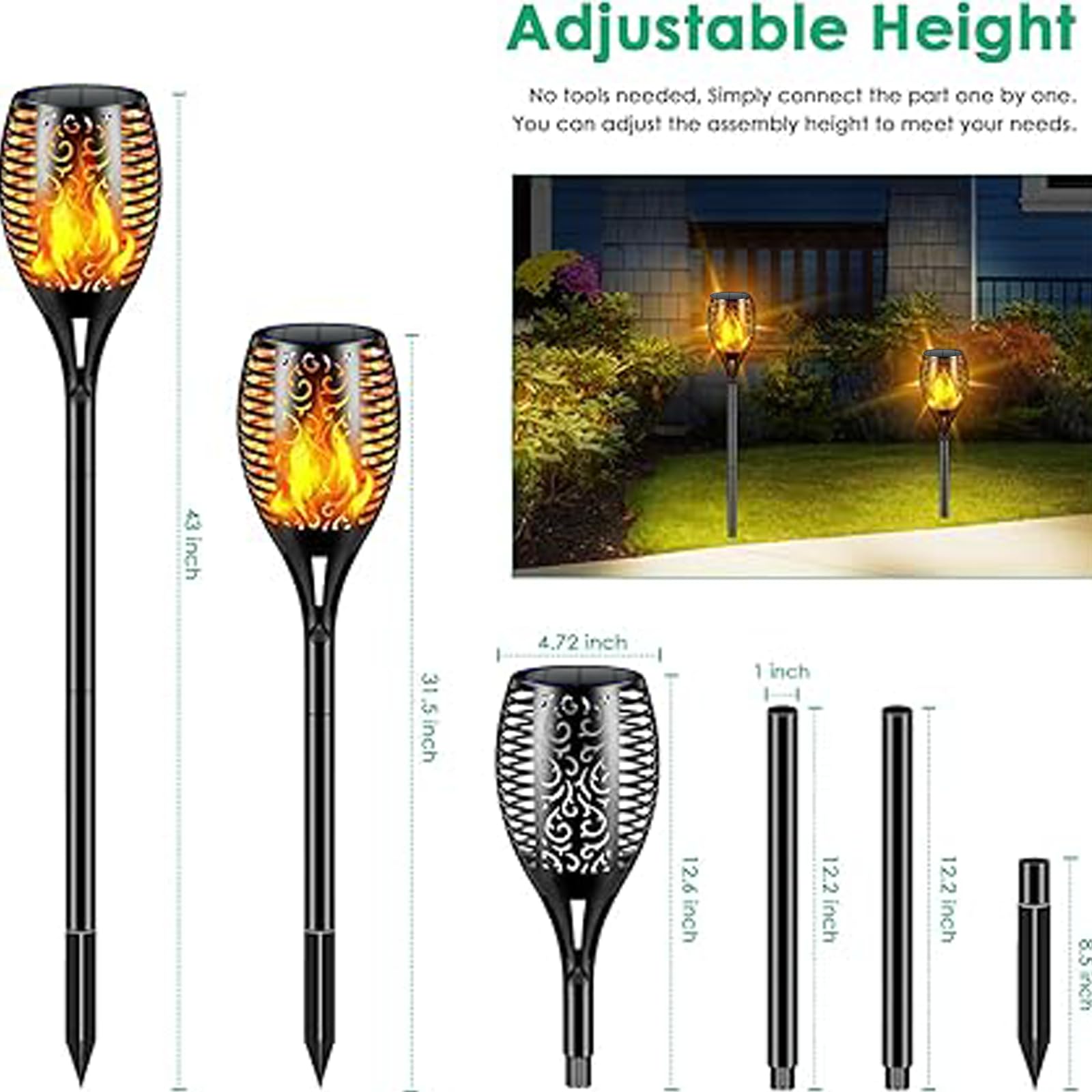 Luces solares para exteriores, 99 LED más altas y más grandes, llama parpadeante, antorcha solar, 43 pulgadas, impermeable, iluminación para exteriores, luces de camino, decoraciones de