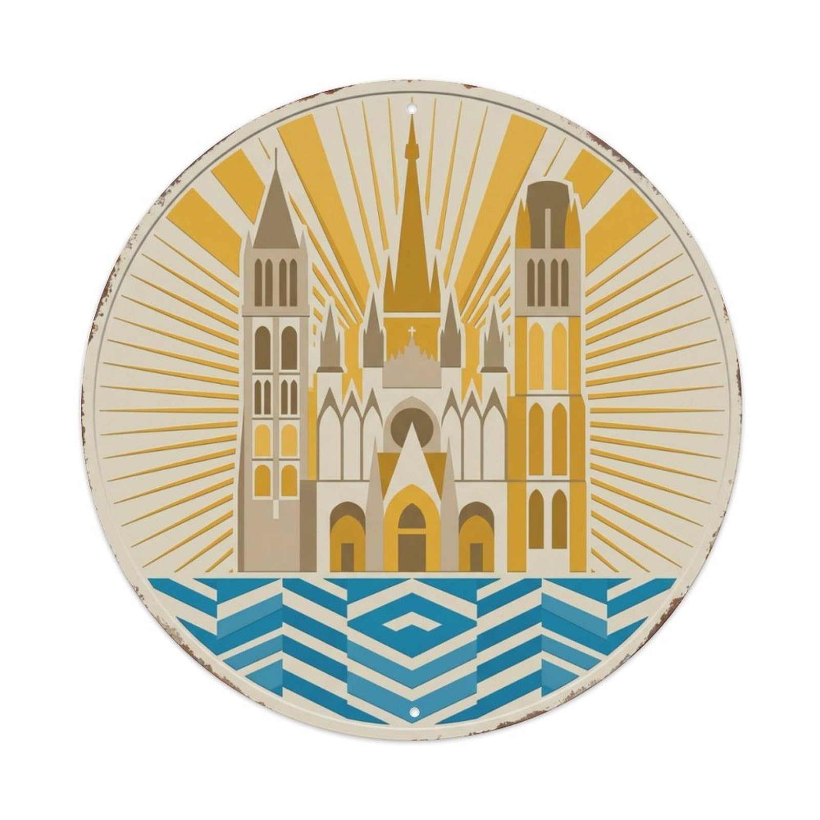 Rouen Radiant Cathedral Travel Metal Tin Sign Plaque Wall Decor for Cafe, Club Bar, Office, Home Garden Round Metal Poster 8x8Inch