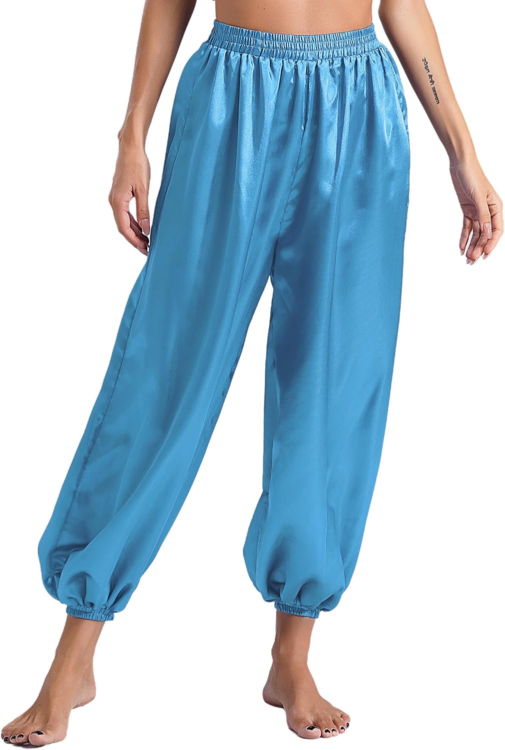 Linjinx Womens Belly Dance Costume Satin Lantern Harem Pants Elastic Waist Indian Arabic Harem Trousers