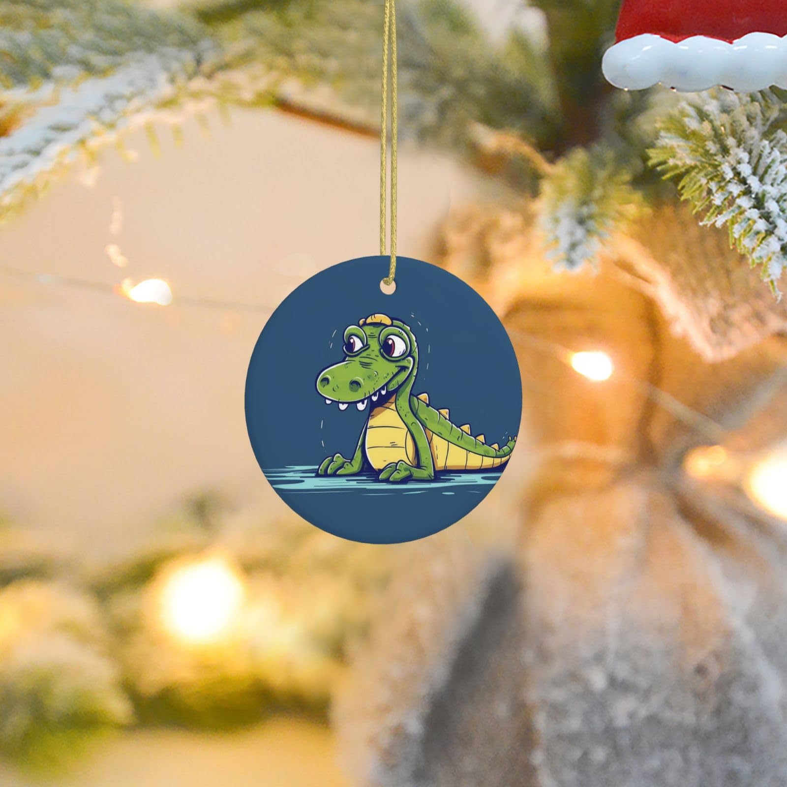 Christmas Tree Ornaments Ceramics Christmas Round Decorations Cartoon Crocodile Ceramics Ornaments Circle Pentagram Xmas Tree Hanging Pendant for Christmas Tree Party Holiday Home Decor