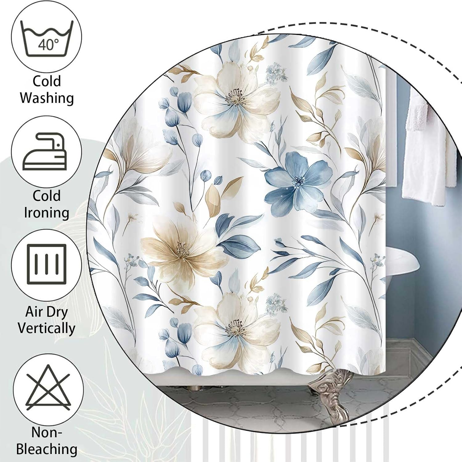 Blue Watercolor Plant Leaves Floral Extra Long Shower Curtain with 84 inch Height, Fabric, Machine Washable,with Hook, Botanical Nature White Polyester Waterproof Bathroom Decor