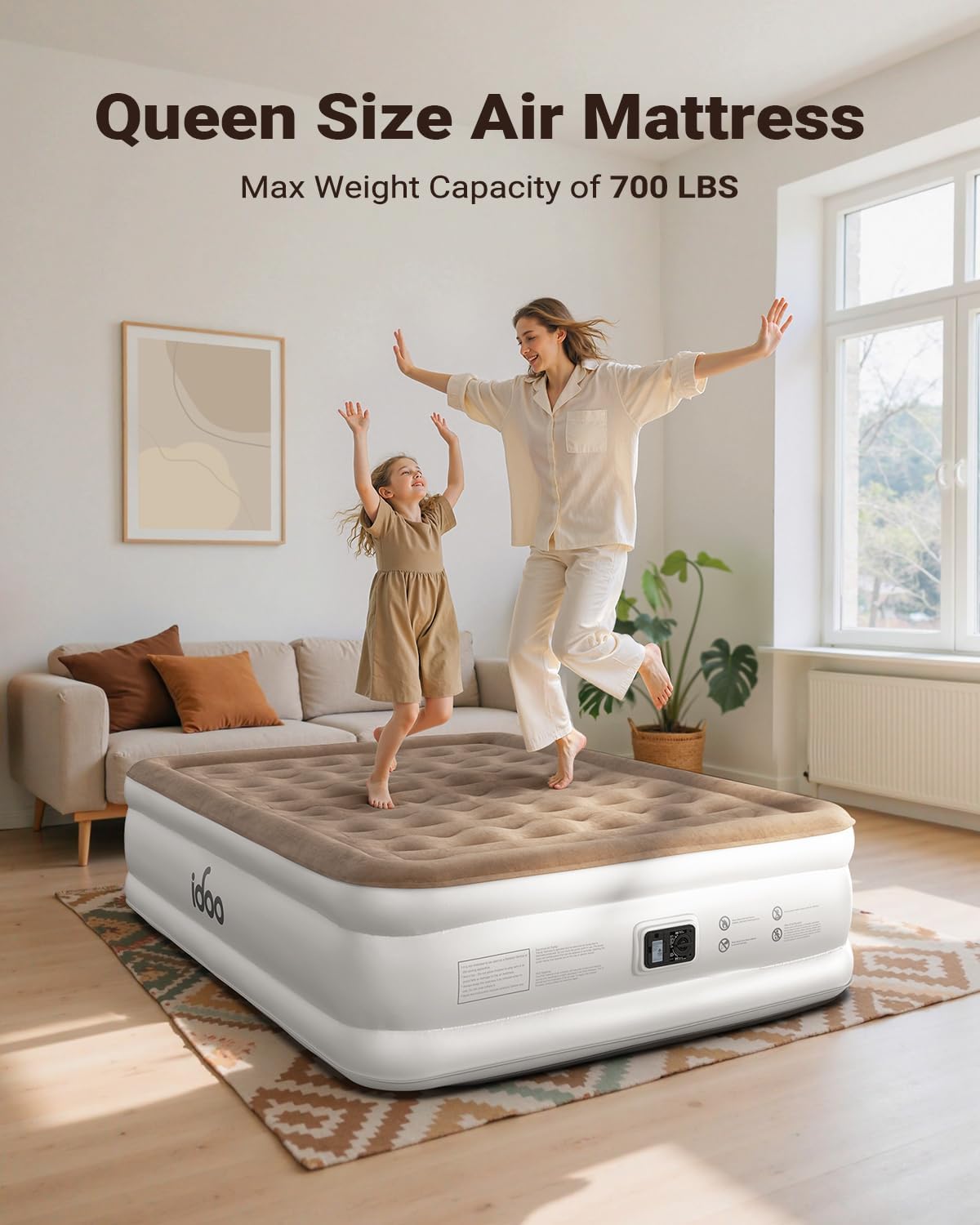 iDOO Queen Air Mattress with Built in Pump, Upgraded Inflatable Blow up Mattress for Camping, Home & Guest, Durable Comfort Wave Beam Strong Support Air Bed Queen Size, Colchones Inflables