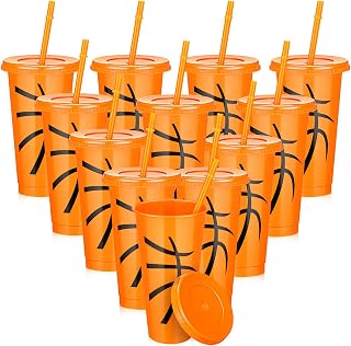 Domensi 12 Pcs Orange Basketball Sport Ball Plastic Tumbler with Lid and Straw 24oz Reusable Plastic Cups Gifts for Fan Friend Birthday Sport Party Gifts Supplies