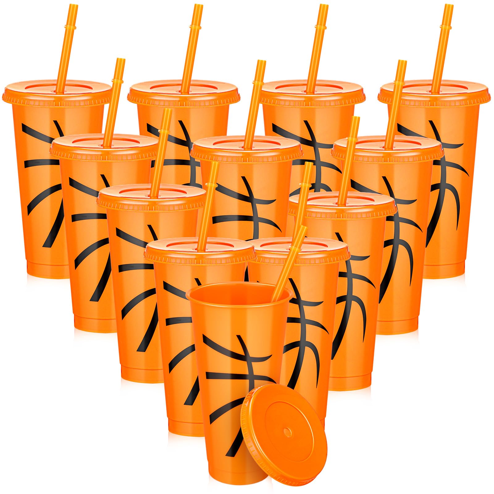 Domensi 12 Pcs Orange Basketball Sport Ball Plastic Tumbler with Lid and Straw 24oz Reusable Plastic Cups Gifts for Fan Friend Birthday Sport Party