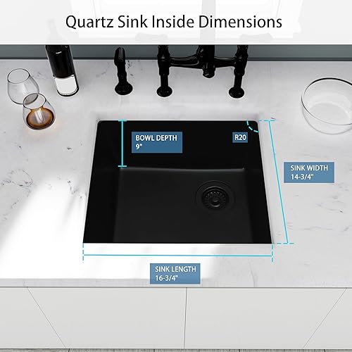 Miniatura 4 de MONSINTA Fregadero de bar, fregadero de barra bajo montaje, fregadero de barra negro de 19 x 17 pulgadas, fregadero de cocina con accesorios,
