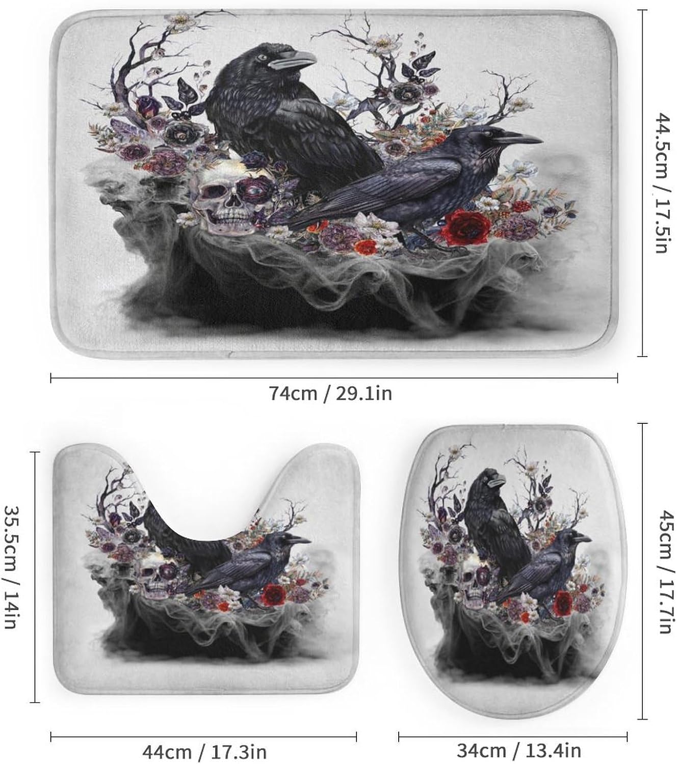 Minimalist Vintage Gothic Raven 4 Pcs Waterproof Shower Curtain Set,Rustic Spring Misty Forest Wildlife Floral Tree Skull with Waterproof Toilet Cover Shower Mat Rugs