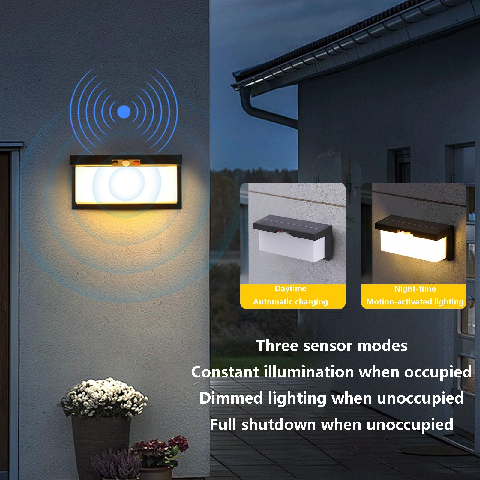 LED Exterior Inalámbricas Apliques de Pared Solares Recargable Lámpara de Pared Impermeable IP65 Iluminación de Pared Moderna con Sensor de Movimiento para Porche Camino Garaje (Negro,Luz Blanca)