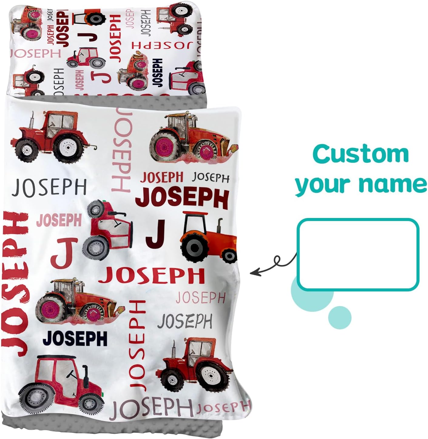 Custom Toddler Nap Mat for Preschool - Personalized Name Red Tractor Nap Mats for Daycare Kindergarten Toddler Boys, Sleeping Bag with Pillow Blanket Set, Thick Padded Easy Roll Up