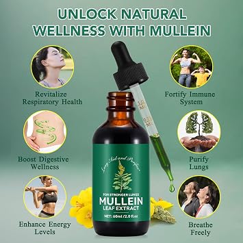 Mullein Drops for Lungs 60 ml - Mullein Leaf Extract for Lungs with Chlorophyll - Natural Herbal Supplement for Lung Cleanse, Respiratory Support, Boosts Immunity, Digestive Wellness