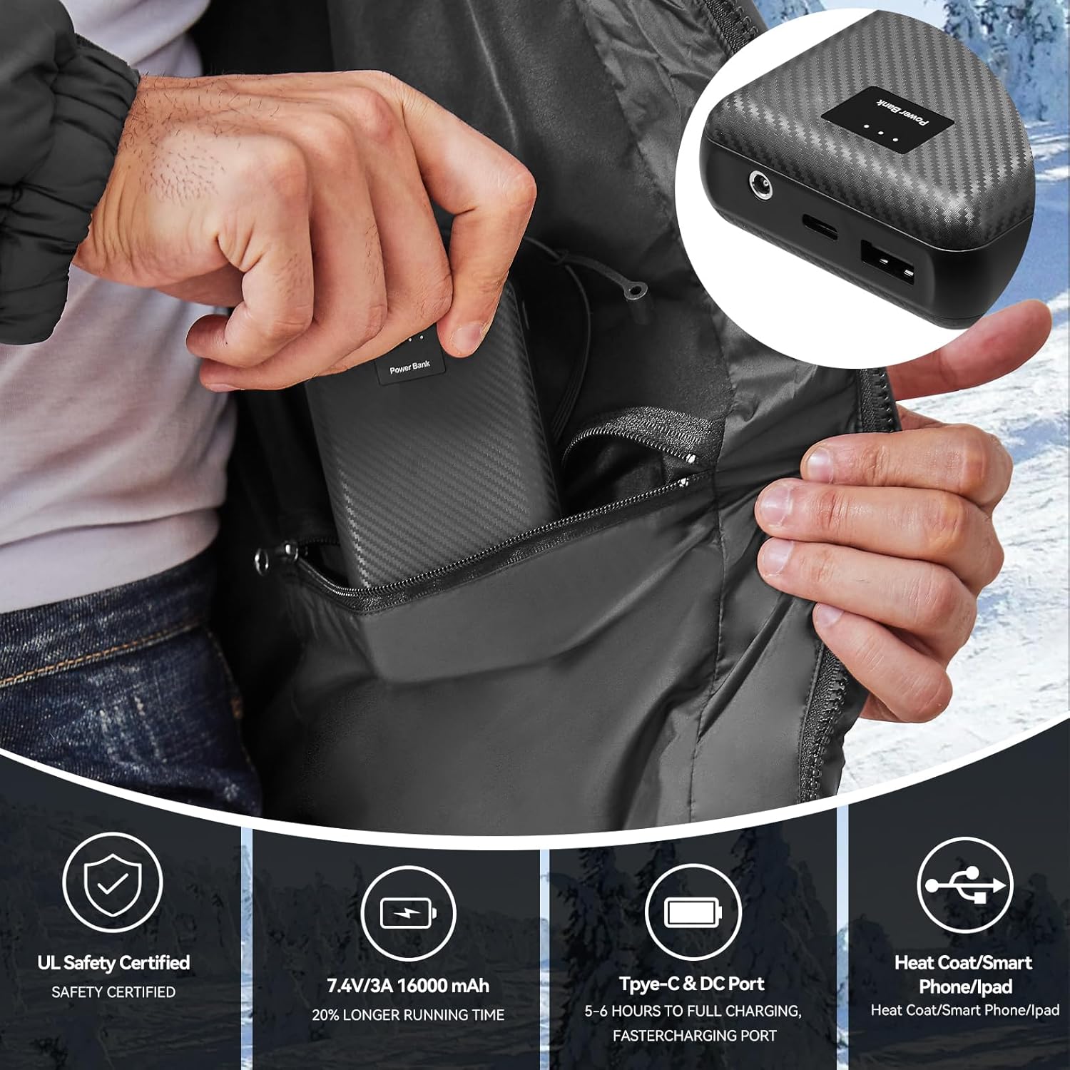 Heated Coat for Men with 12 Heating Zones and 7.4V 16000mAh Battery Pack - Image 5