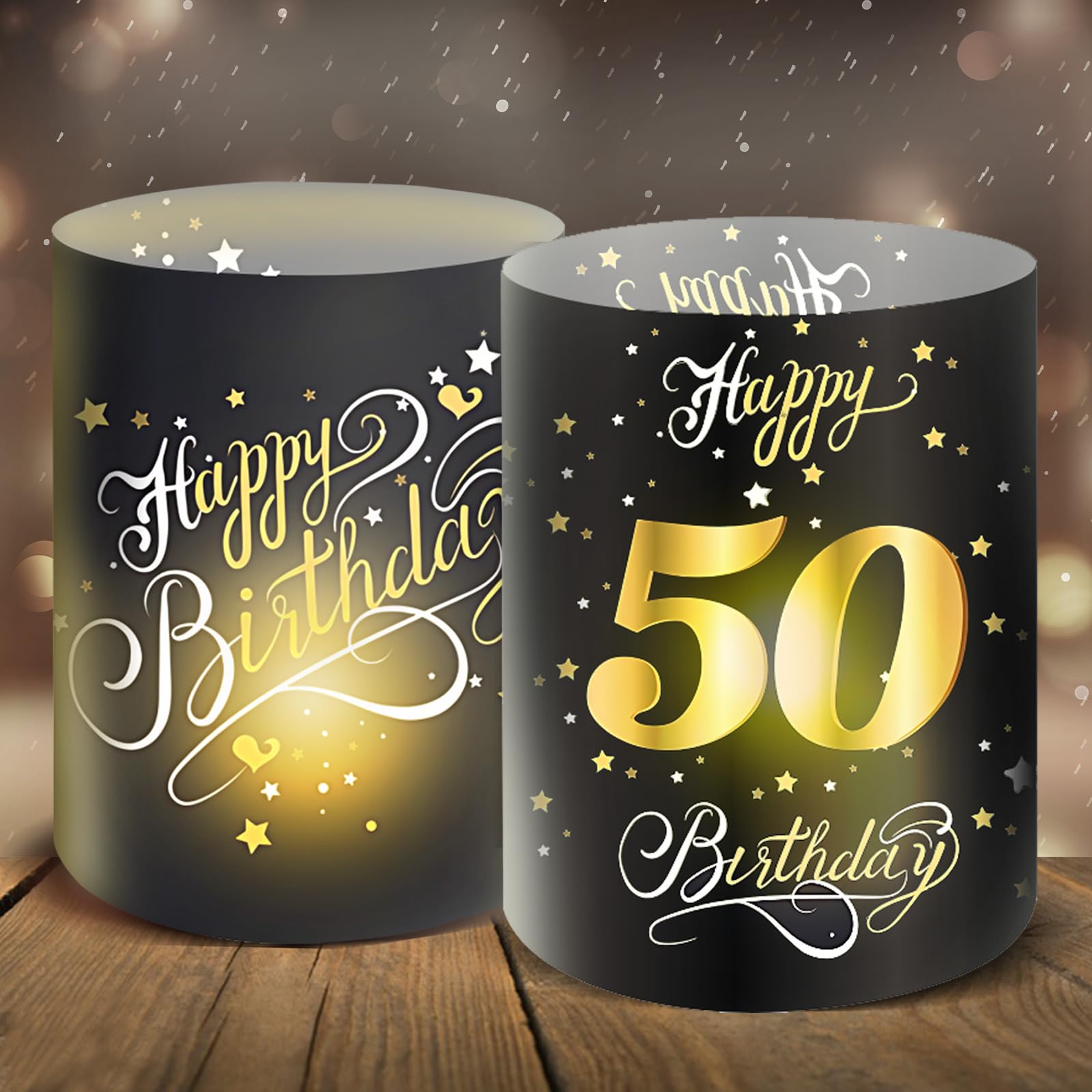 Moorle 12-Piece Black Gold Lantern Table Decoration for 50th Birthday, Happy Birthday, Tea Lights or Candles