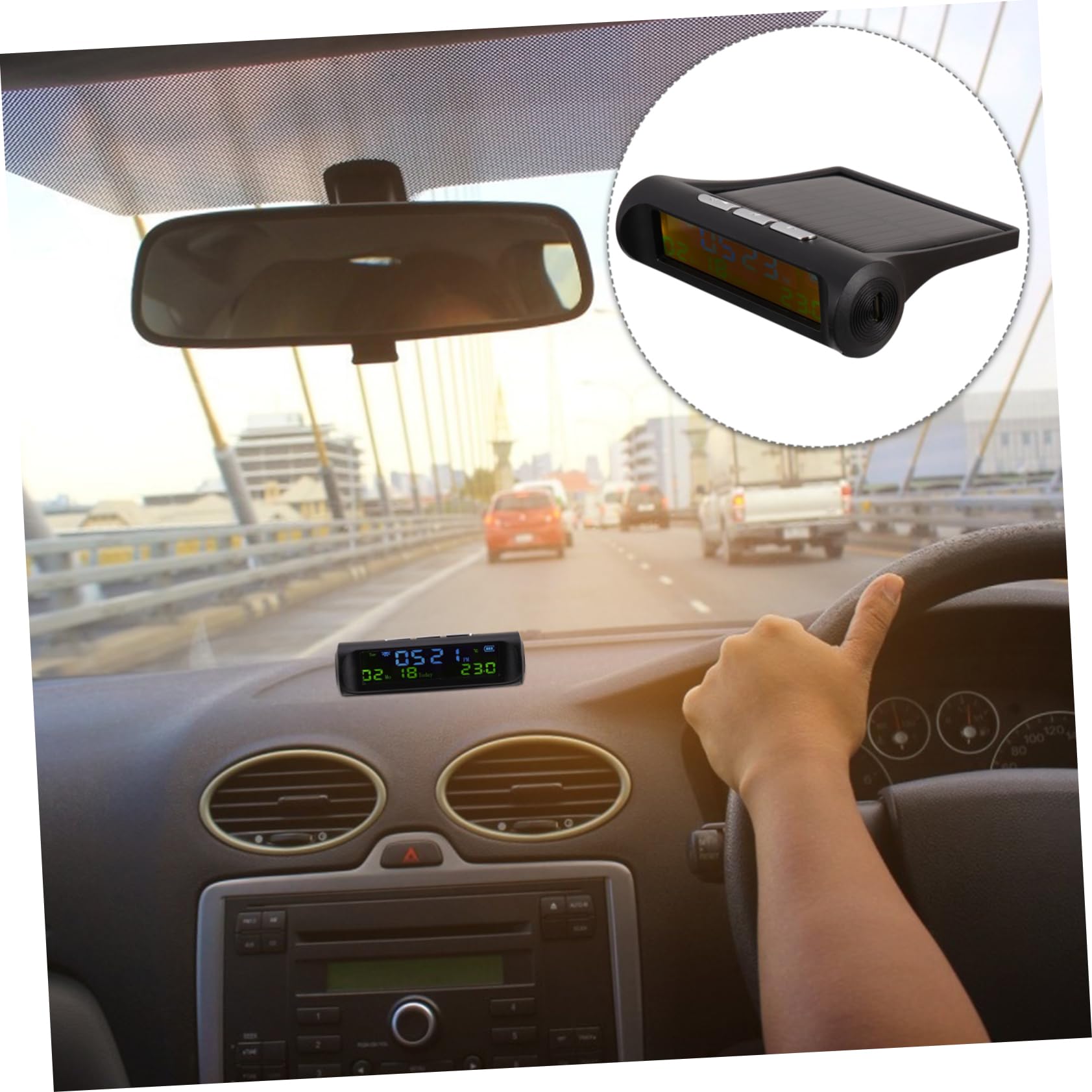 CALLARON 2piezas Reloj Digital Solar Para Automóvil y Calendario Pantalla Función Dispositivo Multifuncional Para Salpicadero Carga Solar Automática Material