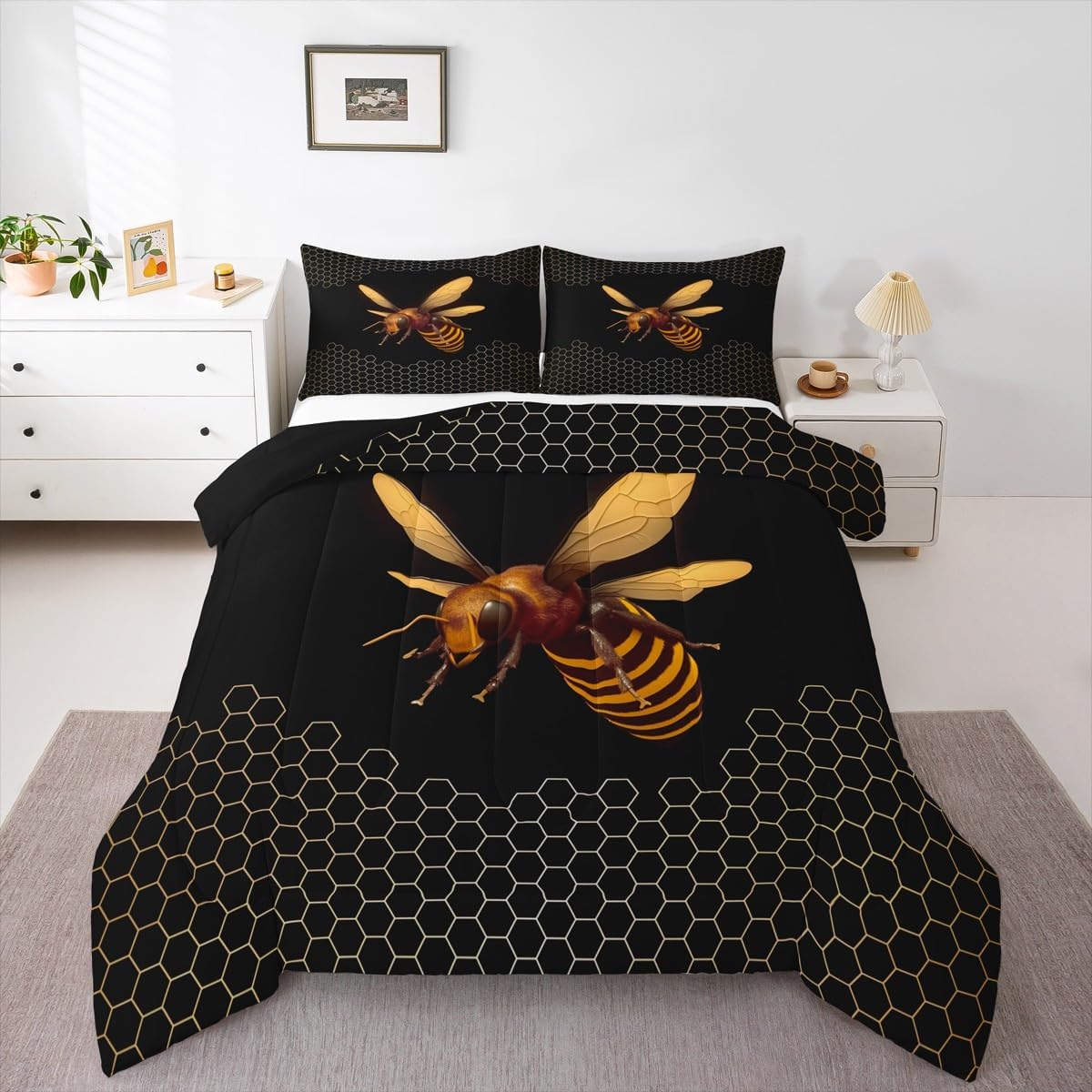 Erosebridal Sweet Honey Bee Bedding Set Queen Cute Kawaii Animal Comforter Set Retro Vintage Style Quilt Set 70S 80S Grunge Bedding Comforters & Sets Old Newspaper Print Duvet Set Breathable 3pcs