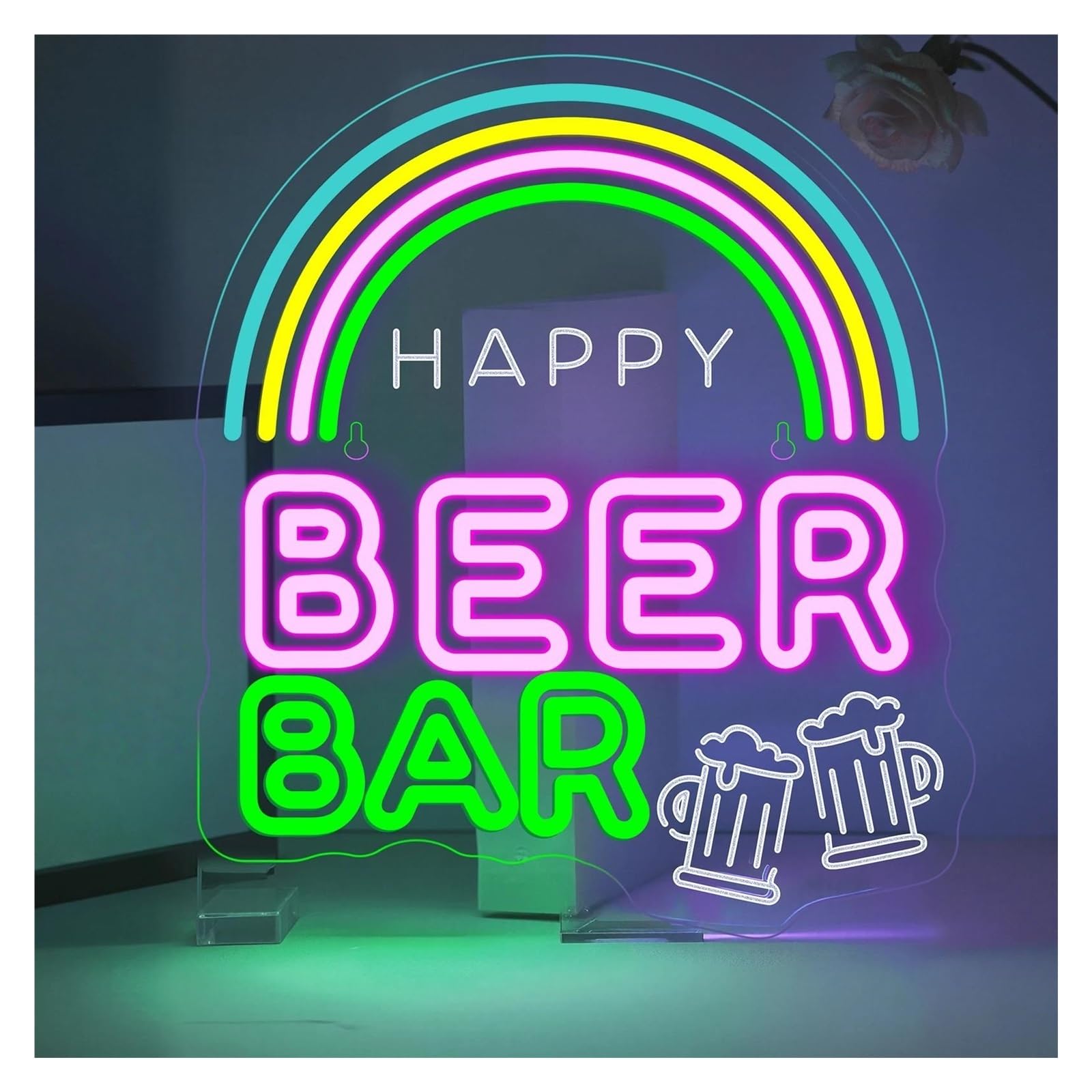 RONGCH Hanging Art Neon Signs Happy Beer Bar Neon Sign USB Powered Dimmable LED Light for Bar Pub Man Cave Party Club Wall Art Decor 45cmx42cm