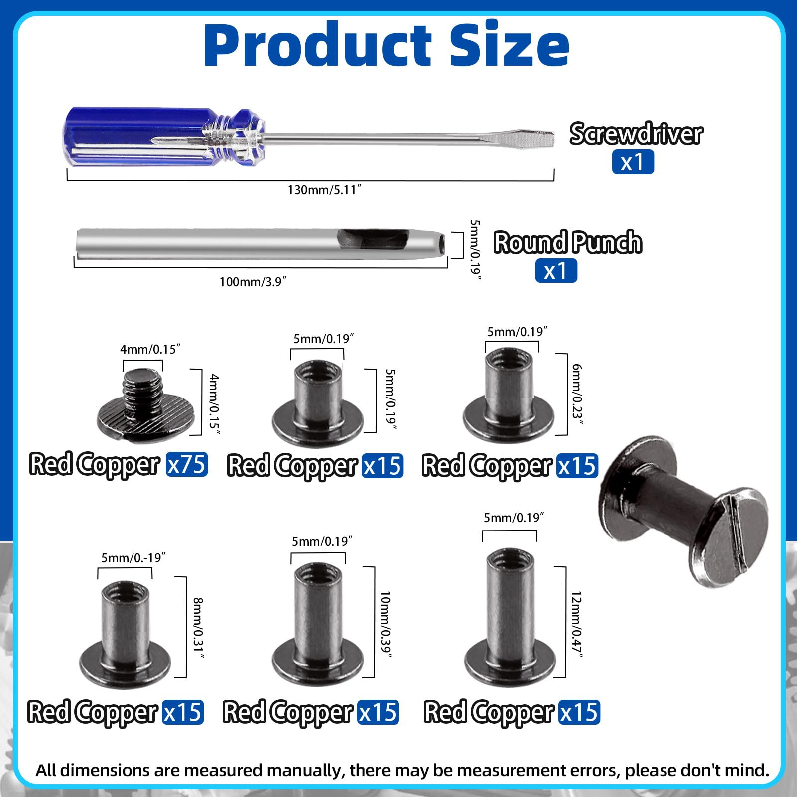 Glarks 150 Sets Gun Chicago Screws Assorted Kit, M5 x 5mm, 6mm, 8mm, 10mm, 12mm Chicago Rivets and 4x4mm Flat Head Stud Screw - Image 2