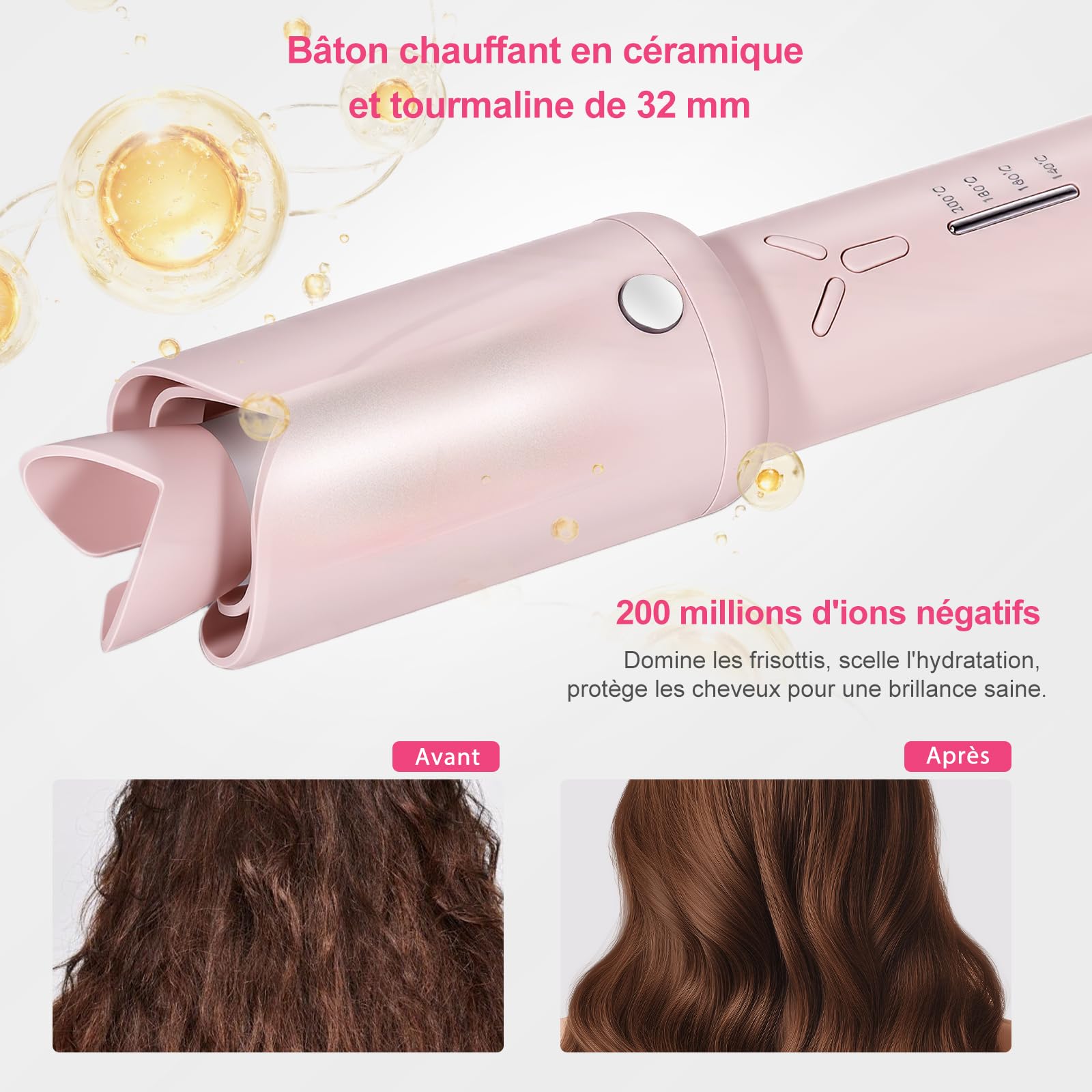 Fer À Boucler Automatique Sans Fil 32mm, 4 Temp, Léger 350g | Cheveux Mi-Longs | 2600 mAh | 140–200 °C | Céramique Tourmaline | Chauffage 60S | Capteur Anti-Emmêlement Intégré