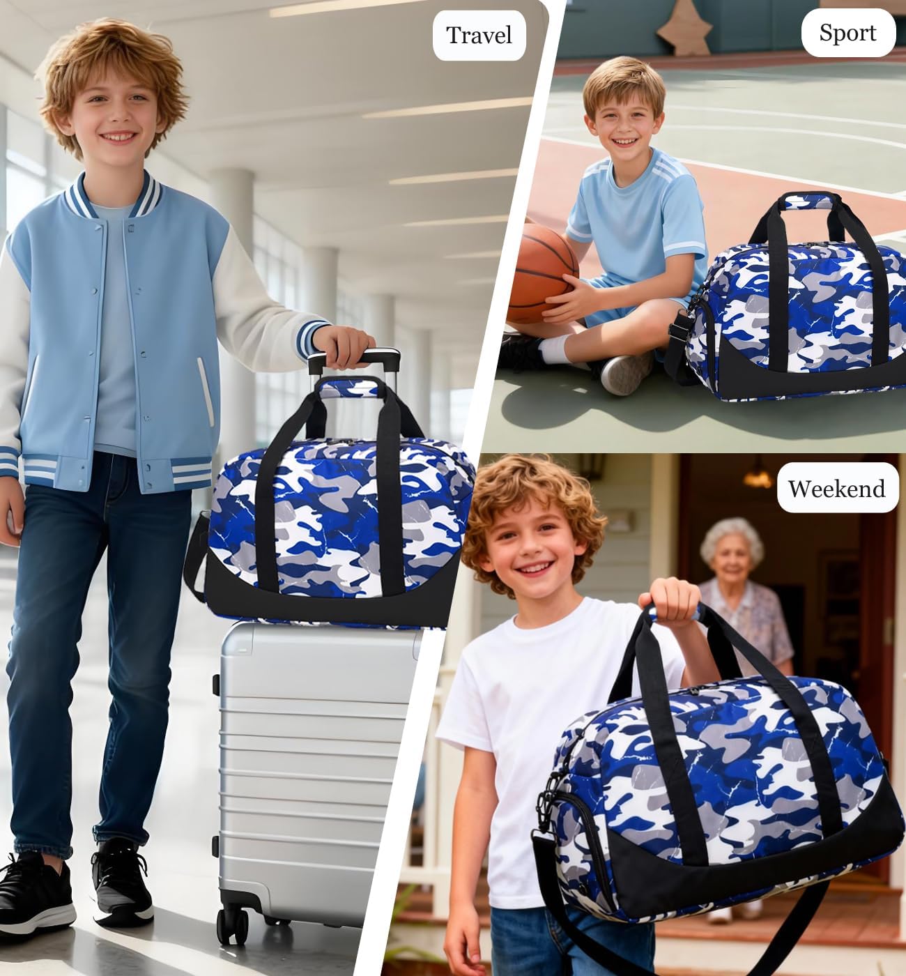 DSIUE Boys Duffle Bag Sports Gym Bag Overnight Weekender Travel Duffel Bag With Shoe Compartment (Camo Blue) - Image 2