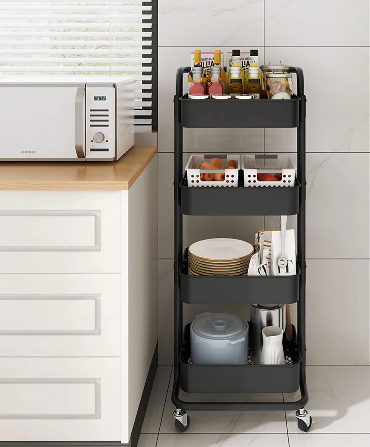 MURRI&MURRDI Fruit & Vegetable Storage Basket, 4 Tier Stackable Wire Produce Organizer Kitchen Rack with Wheels (4 Layer Black)