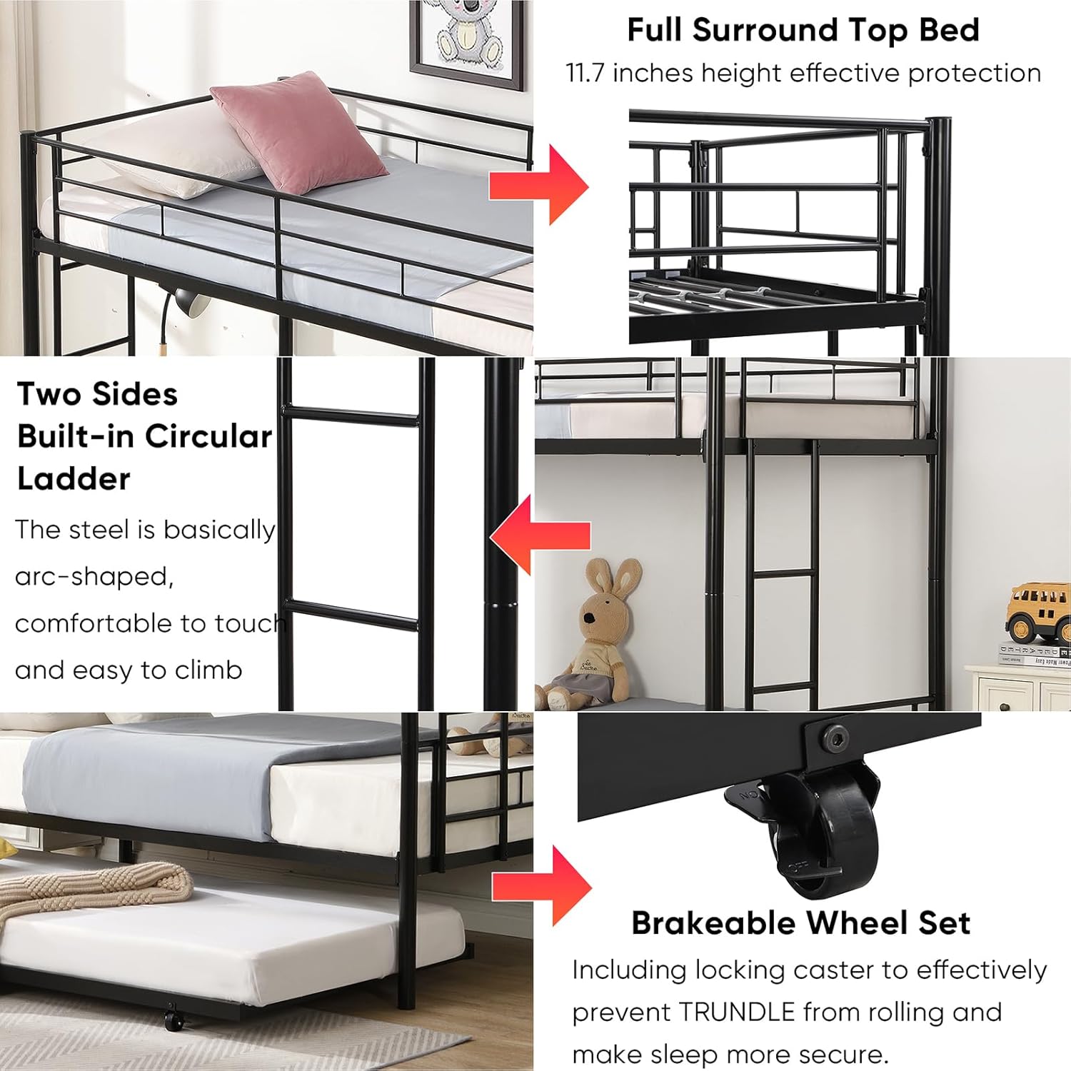 Close-up of Anwick bunk bed features including guardrails, ladder, and trundle wheels