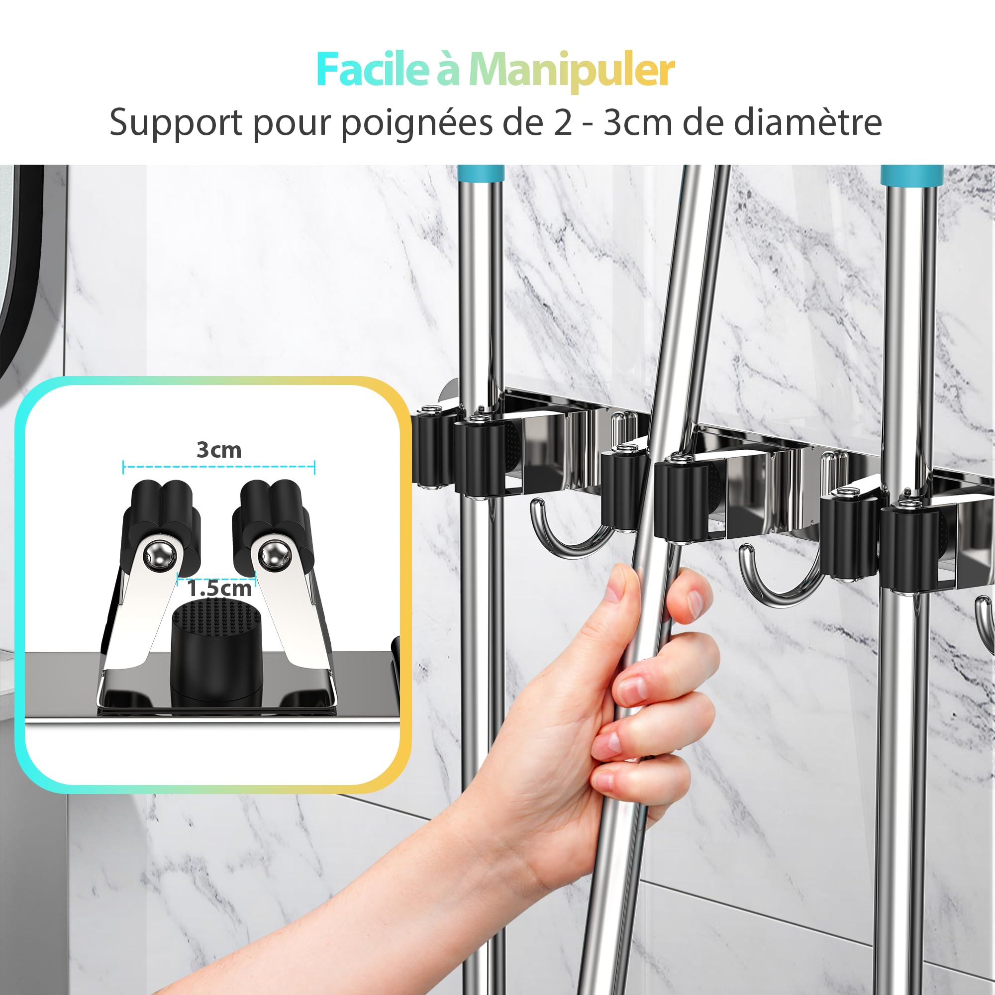Hemobllo Support Mural Multifonction Positions Et pour Balais Et Serpillères Organisateur De Salle De Bain Facile à Installer Charge par